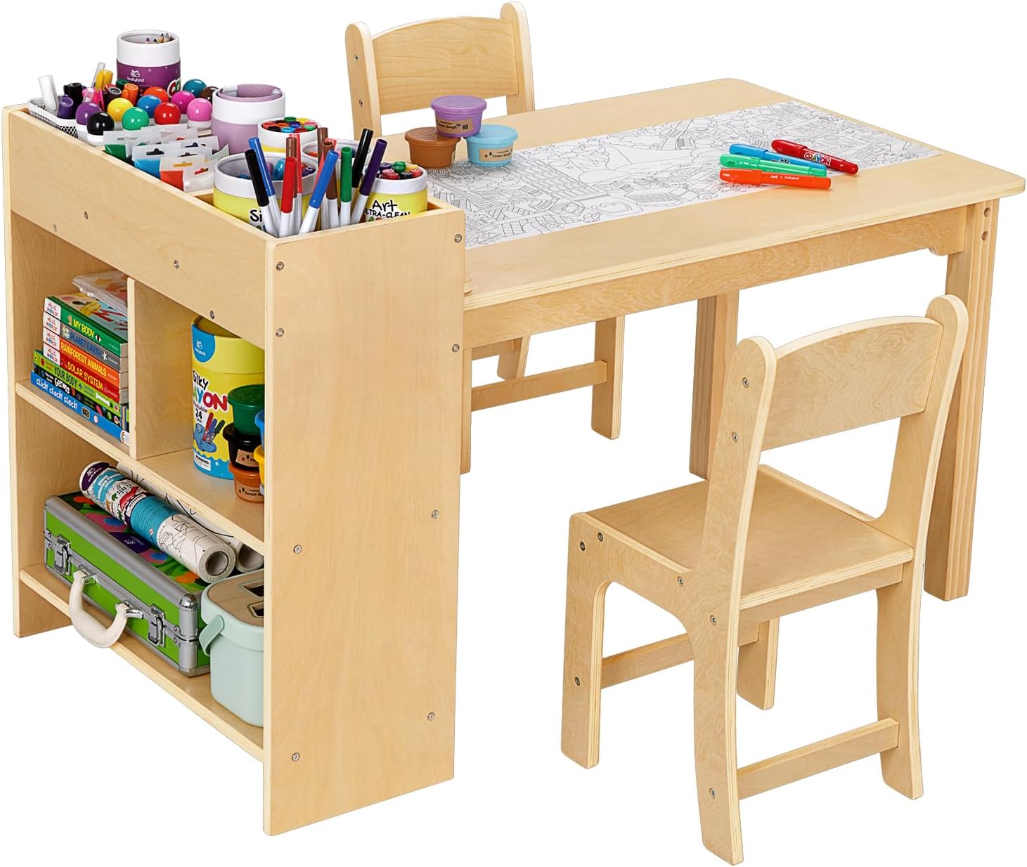 OOOK Kindertisch mit 2 Stühlen, Basteltisch Kindersitzgruppe mit Stauraum aus Holz, Aktivitätstisch Maltisch für Kinderzimmer, Klassenzimmer, Kindergarten