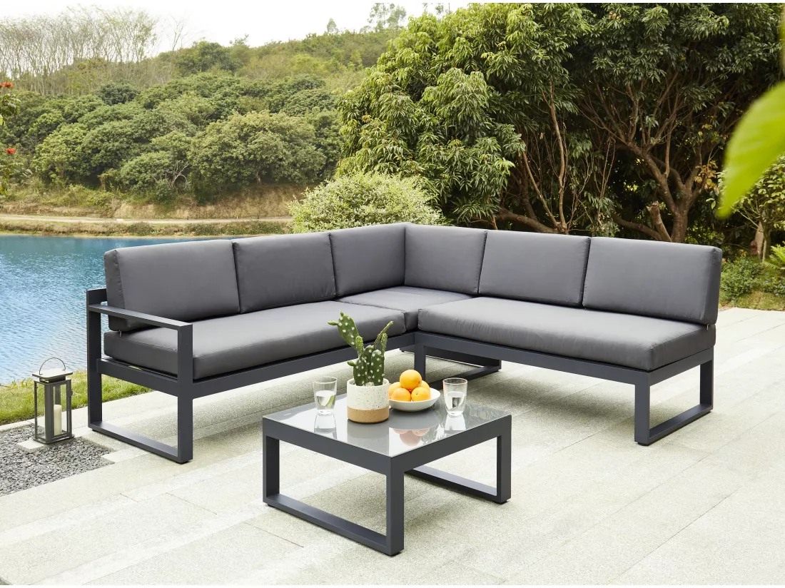 Salon de jardin en aluminium : Table basse et canapé d'angle relevable 6 places - Anthracite - PALAOS II de MYLIA