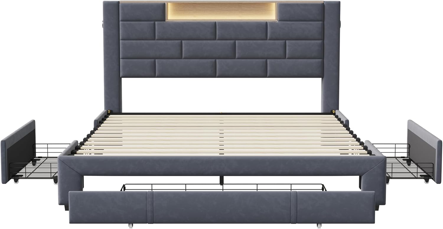 140x200cm Samtge Polsterbett,Doppelbett mit 3 Schubladen und LED-Beleuchtung,Funktionales Stauraumbett mit bequemem Kopfteil, stabilen Lattenrosten für perfekten Schlafkomfort