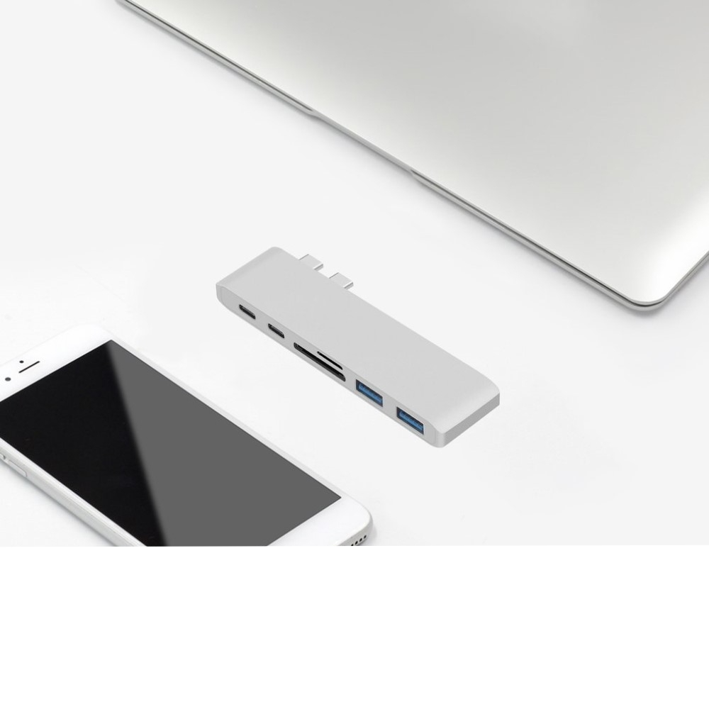 USB C Multiport Hub mit 2x USB C / 2x USB 3.0 Anschluss / Micro SD und SD Kartenlesegerät Apple MacBook Pro / Air - Silber