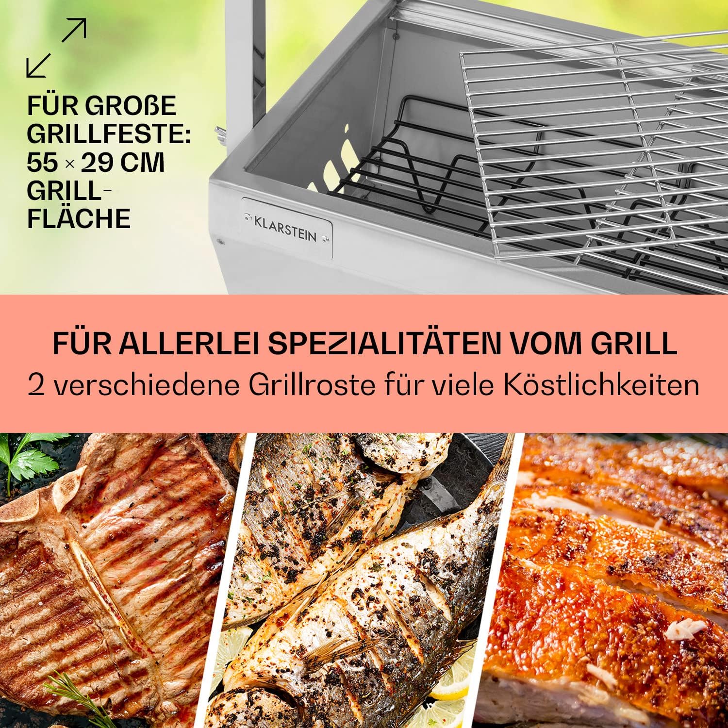 Klarstein 2-in-1 Rotisserie Grill mit Motor, Mini, mit Drehspieß, Elektrischer Spießgrill für Hähnchen & Spanferkel, Spieß Grill mit Edelstahl-Rost, Holzkohlegrill mit Rollen