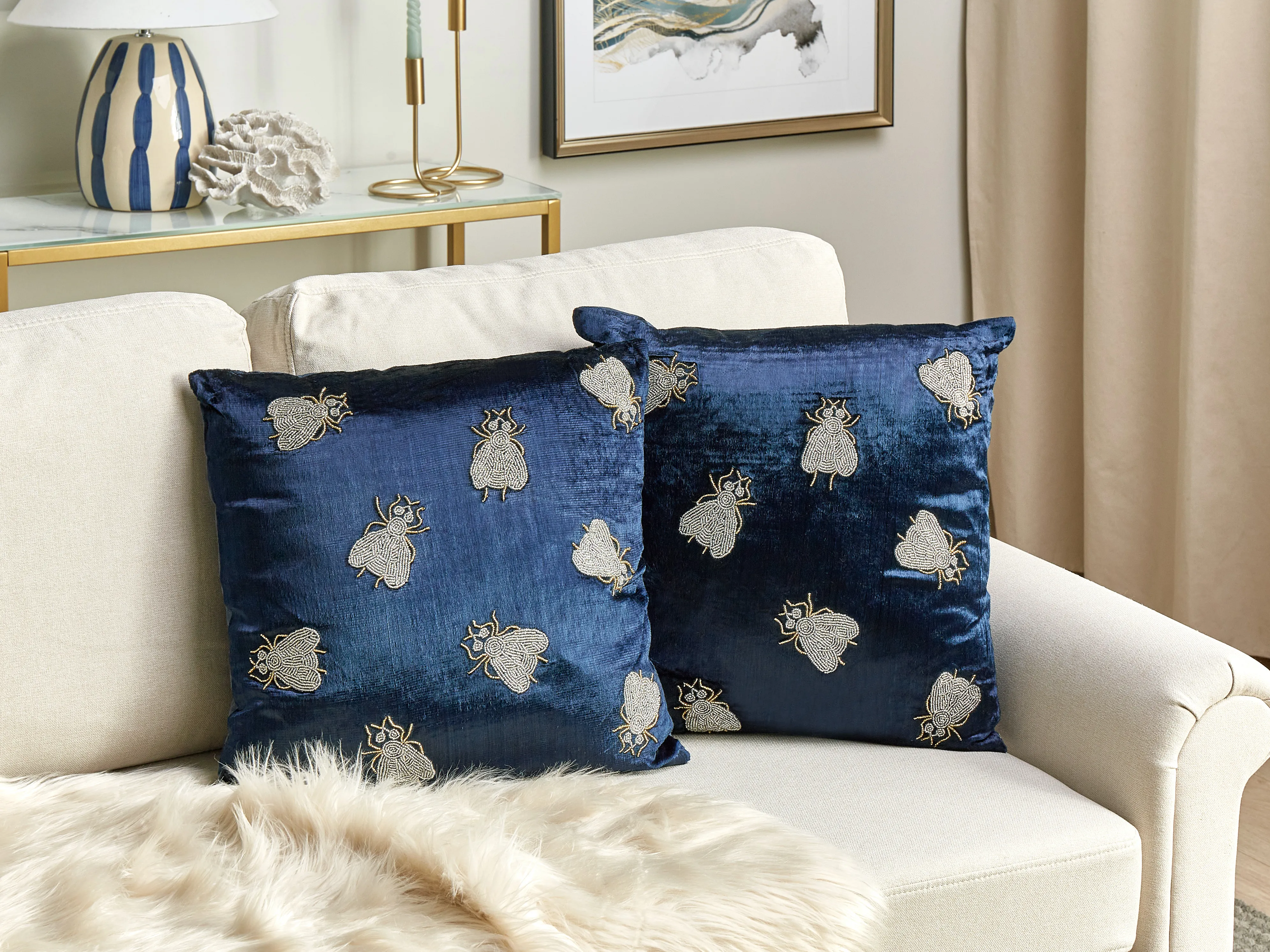 Set van 2 sierkussens PENTAS Fluweel 45 x 45 cm Marineblauw dierenprint