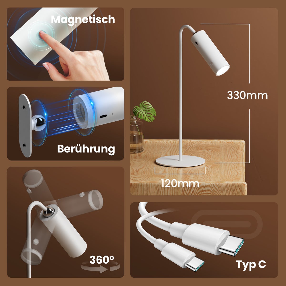 EMKE 6-in-1 LED-tafellamp, draadloos, oplaadbaar en dimbaar, aanraakbediening, 3 kleurmodi, 360° verstelbare magnetische wandlamp, USB-C, IP20, wit - ideaal voor gebruik binnen en buiten