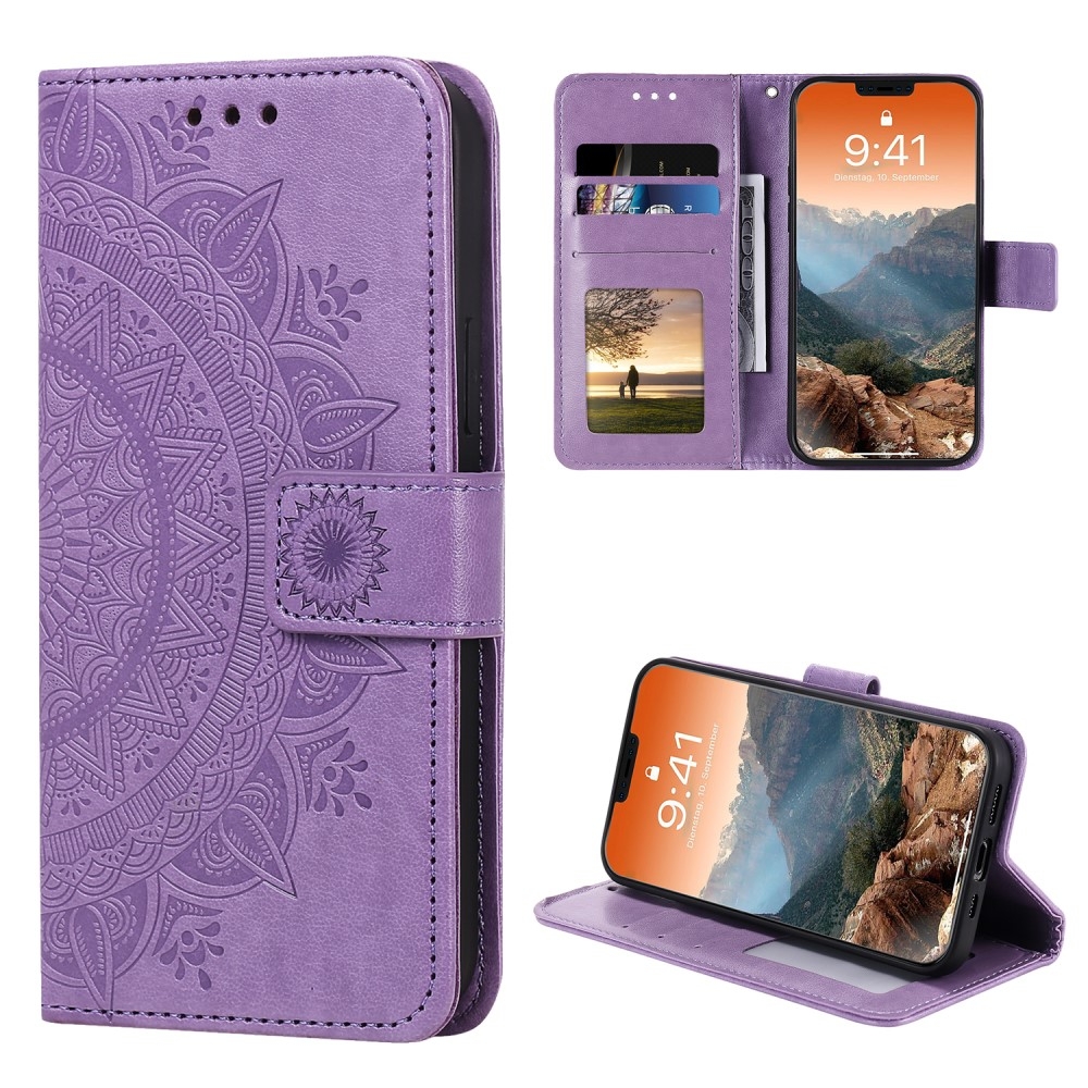 iPhone 12 / iPhone 12 Pro Leder Tasche Wallet - Mandala Flowers Imprint - Lila
