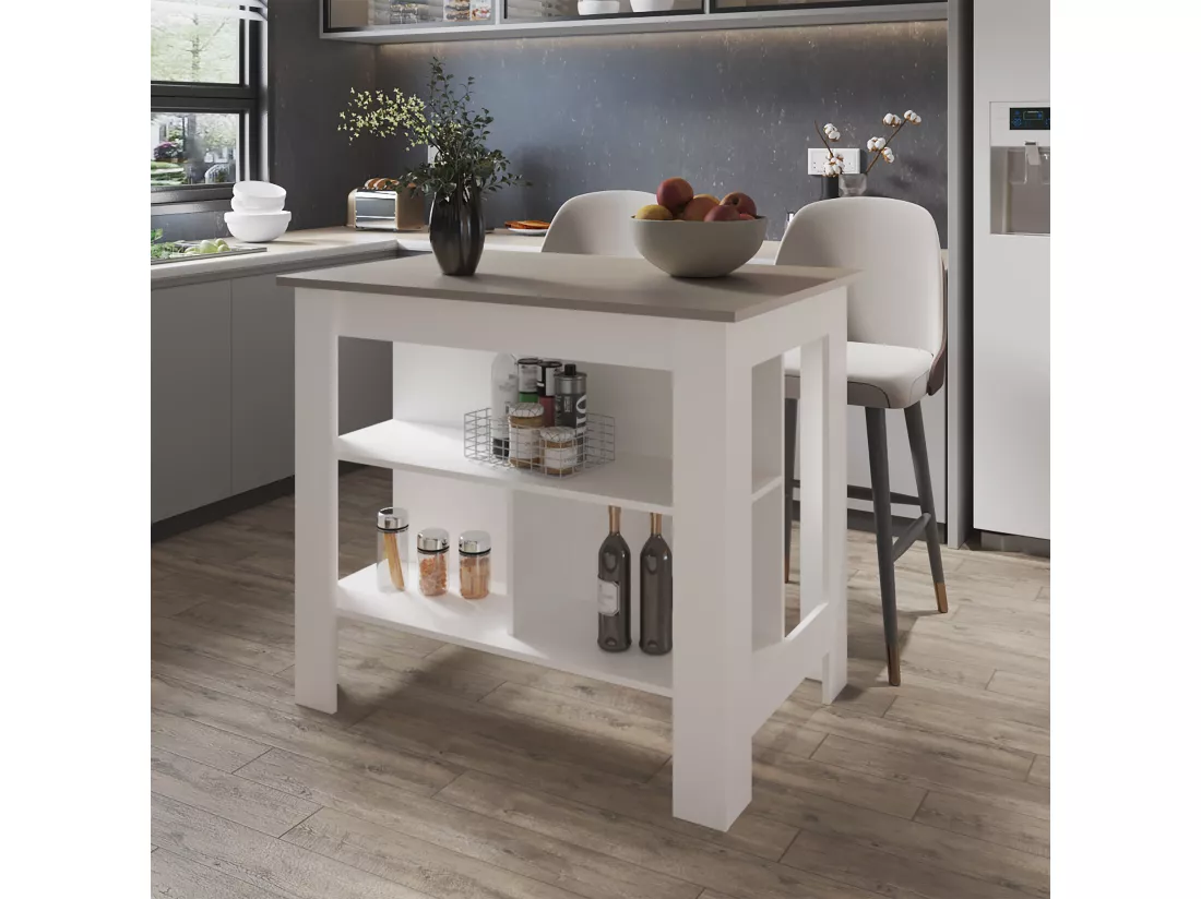 Ilot de cuisine Cala en mélaminé avec 3 étagères , Taupe / Blanc , 90 cm X 103 cm X 70 cm