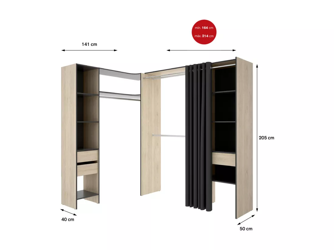 Grande Garde-robe Dtheegal, Meubles de chambre, Penderie de plain-pied, Placard à vêtements, 214x141 h205 cm, Anthracite et Chêne clair