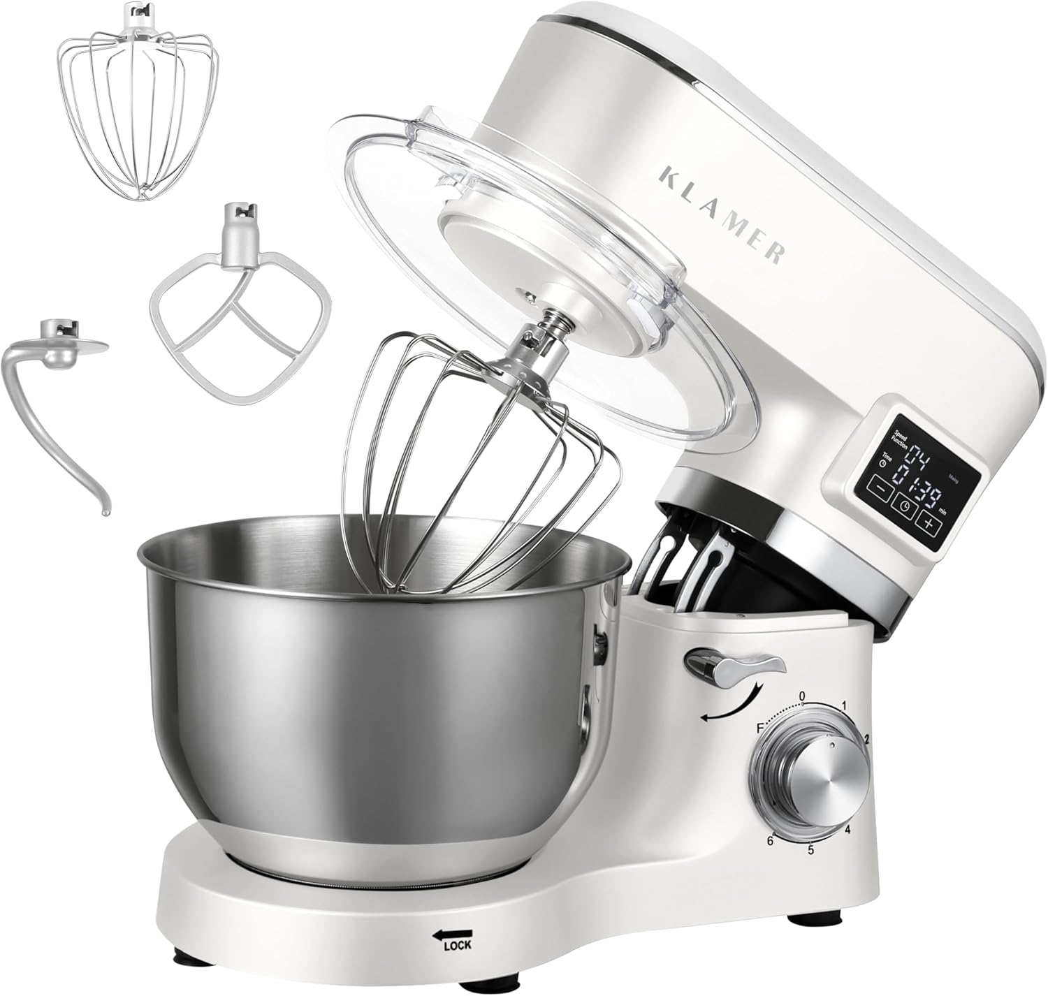 KLAMER Küchenmaschine Classic 1400 W – 5,5 L Rührschüssel aus Edelstahl, Knet-, Rühr- & Schneebesenaufsatz, Timer & LED-Display, stabile Saugnapffüße, ideal für Brot-, Kuchen- & Pizzateig