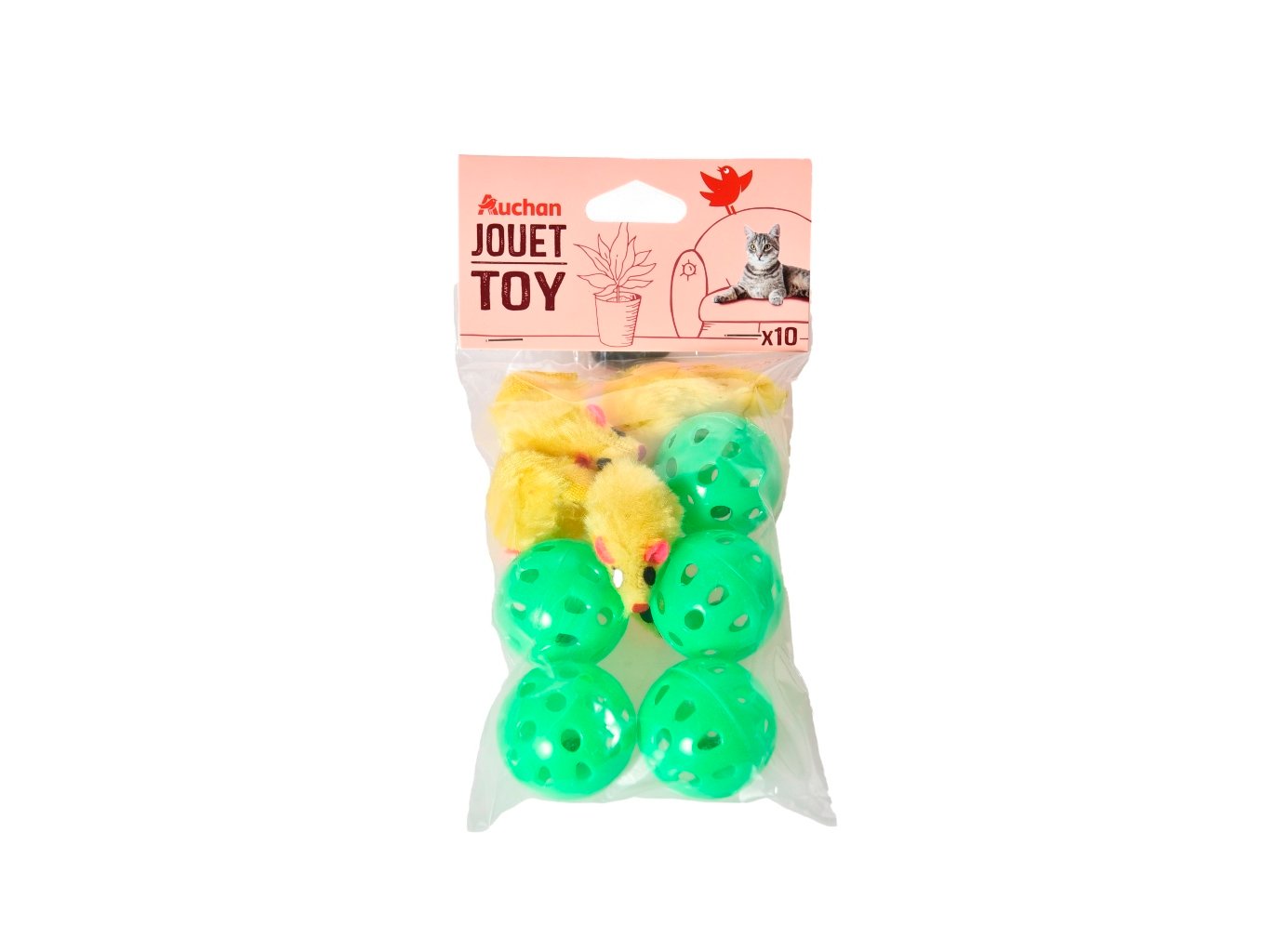 CONJUNTO DE 10 BRINQUEDOS AUCHAN AMARELO 5 RATINHOS 5 BOLAS