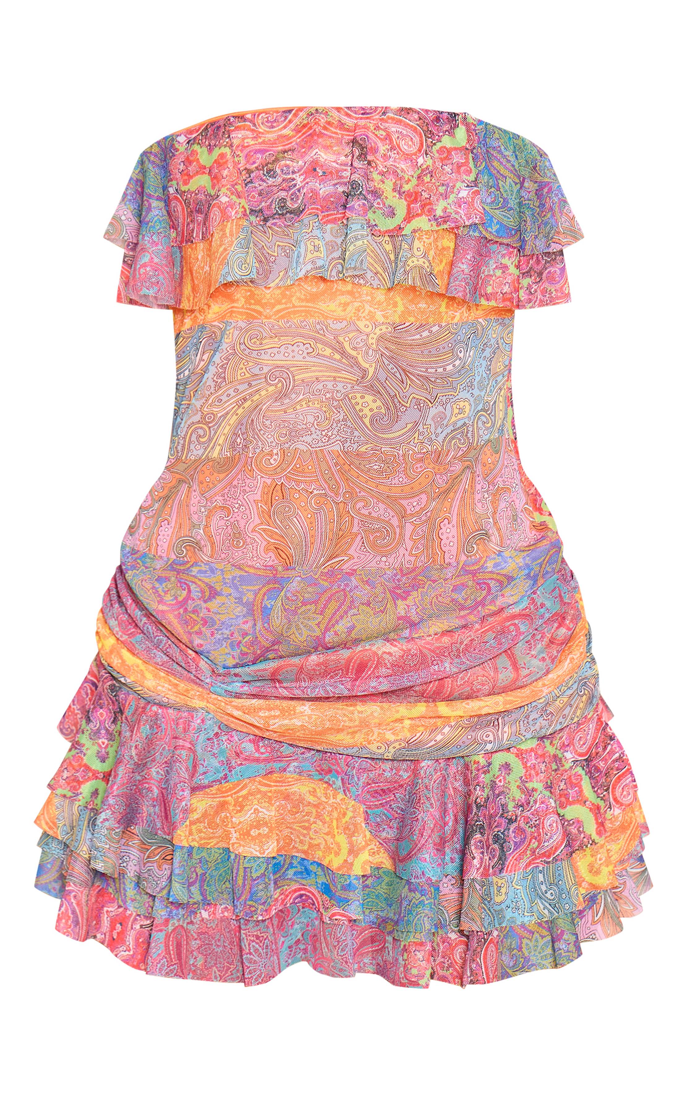 Multicolore Robe Mini Bandeau À Imprimé Patchwork Avec Ourlet À Volants