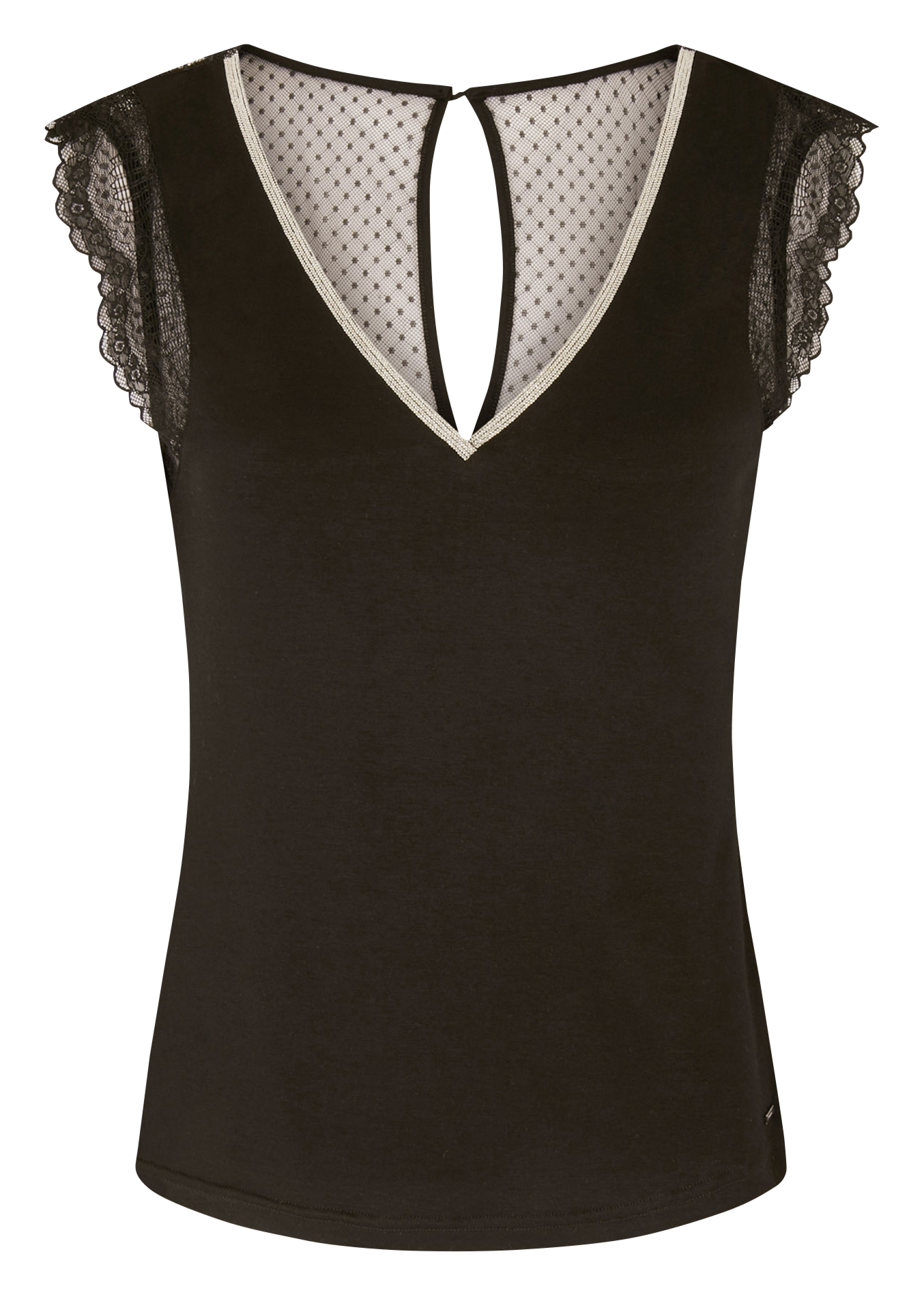 DOCHAN - Tee-shirt col V en dentelle| Noir