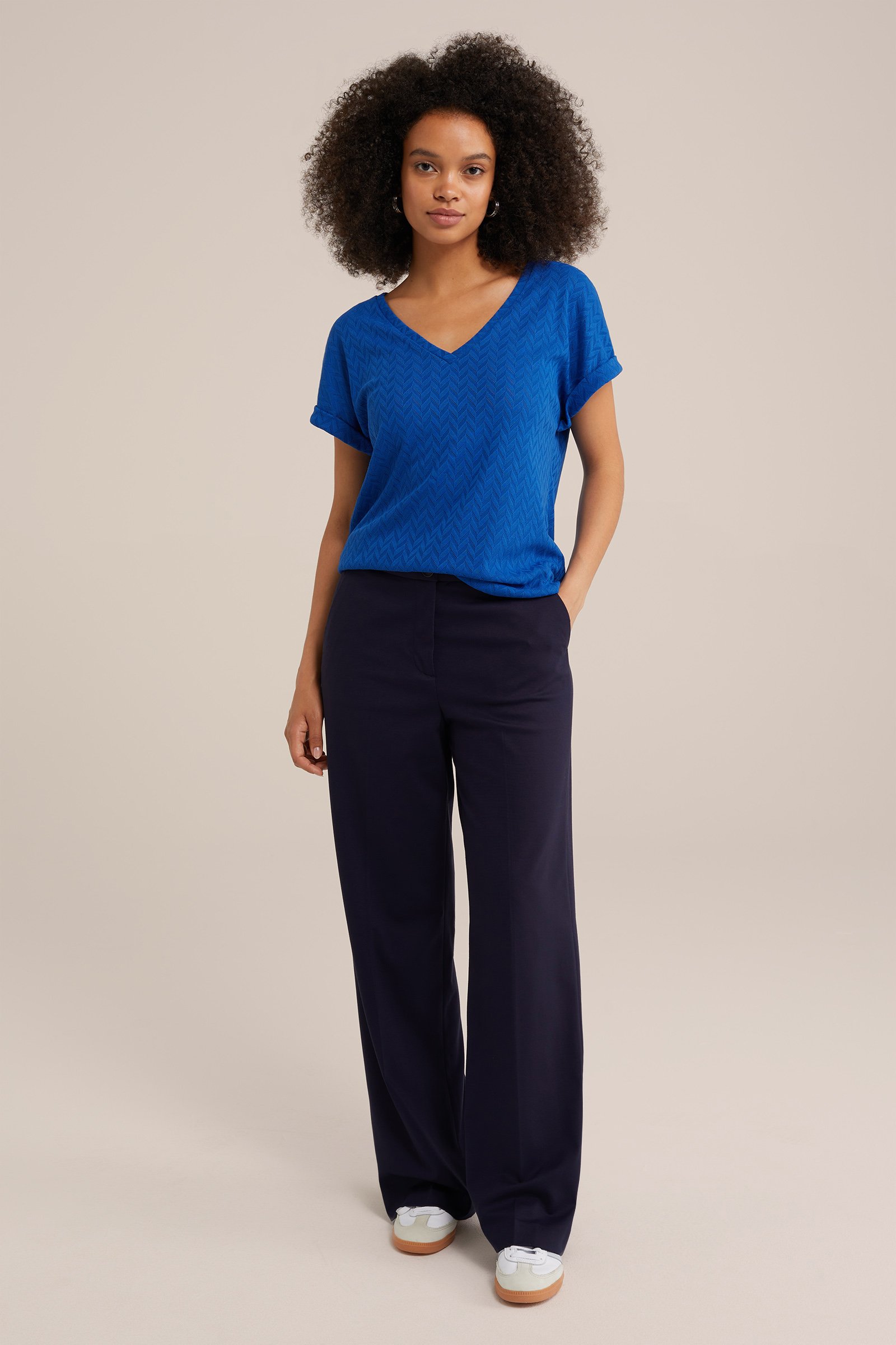 T-shirt met opengewerkt dessin WE Fashion Kobaltblauw