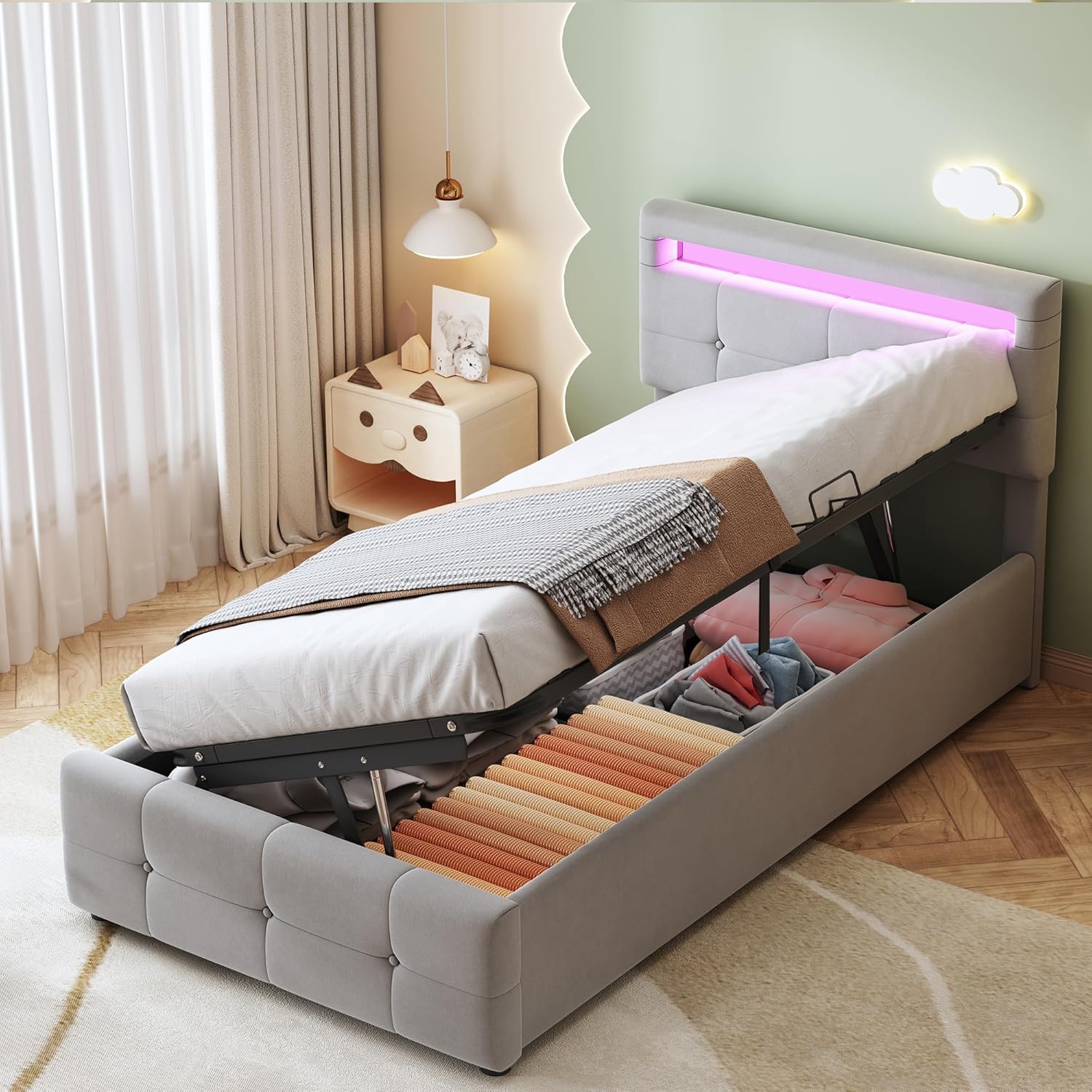 Boxspringbett Polsterbett 90x200 cm, Hydraulisches Stauraumbett mit LED Beleuchtung und Lattenrost, Bett mit Bettkasten und verstellbares Kopfteil, Einzel-Hochboxbett Jugendbett, Grau, ohne Matratze