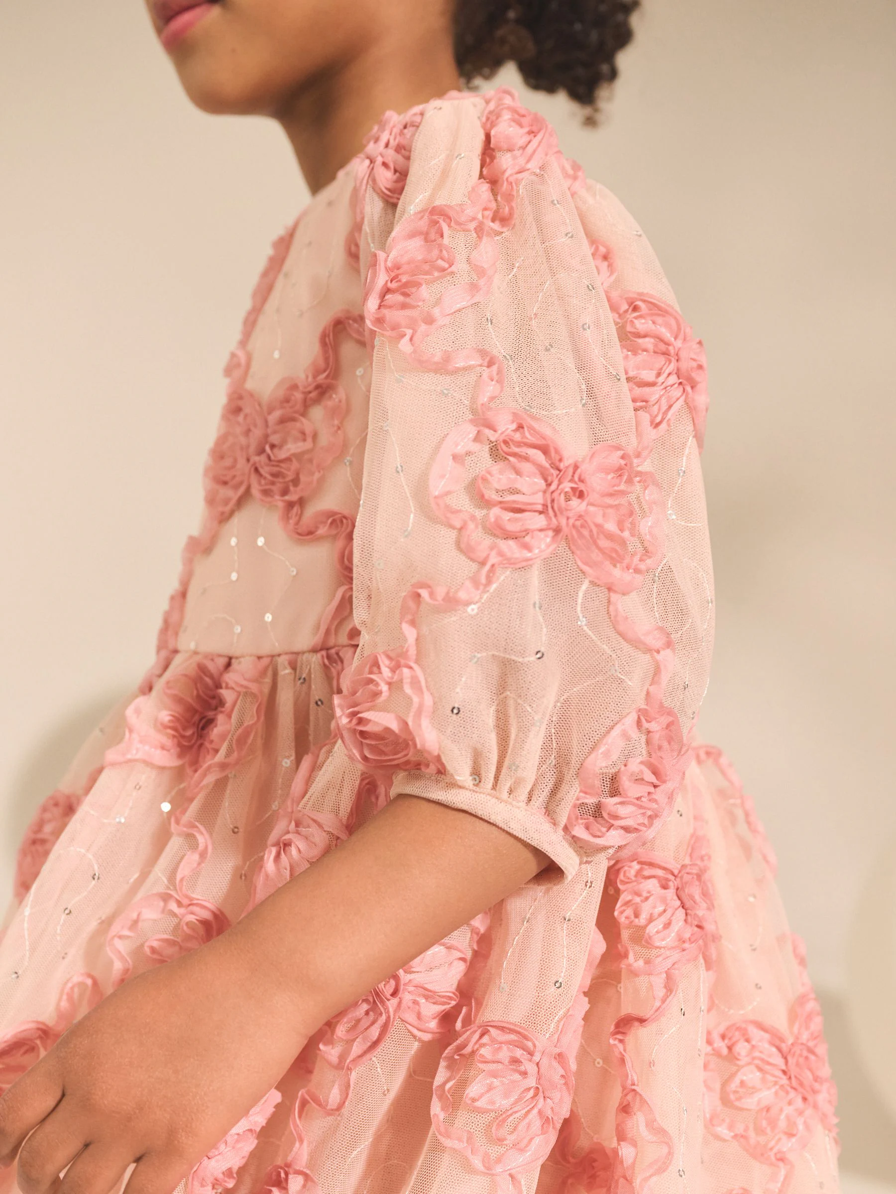 Roze - Jurk met mesh en strik (3-16jr)