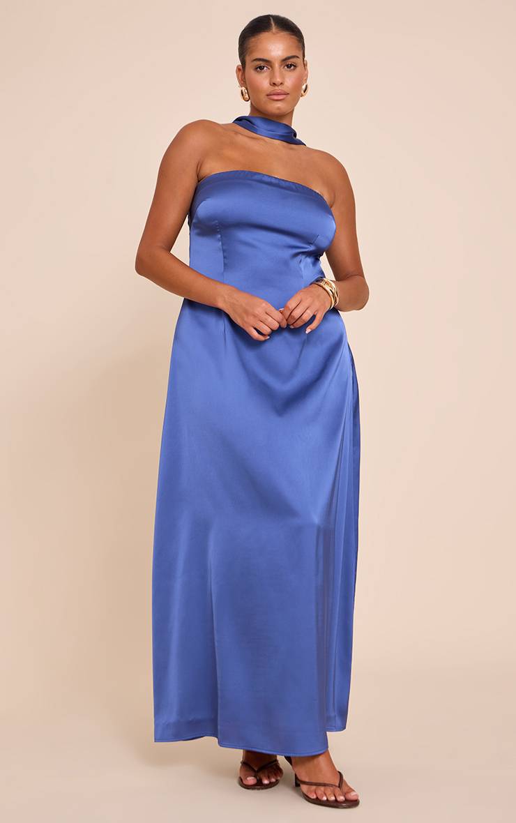 Bleu Marine Robe Maxi Grande Taille En Satin Bandeau Avec Détail Foulard