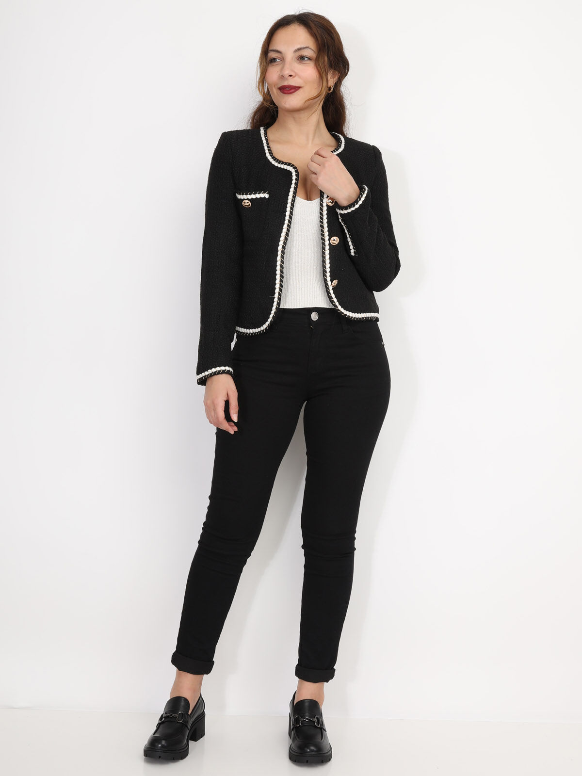Veste en tweed à boutons et liserés torsadés- Noir