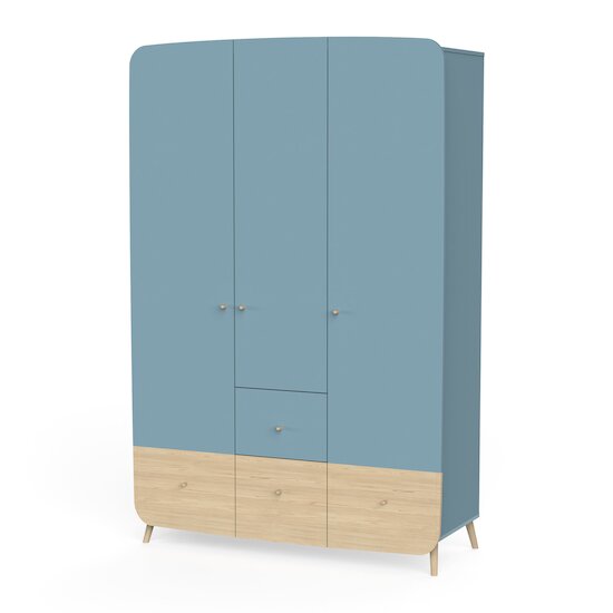 Firmiana Armoire 3 Portes + 4 Tiroirs   Bleu Orage / Bois Naturel        de               CBA Meubles
