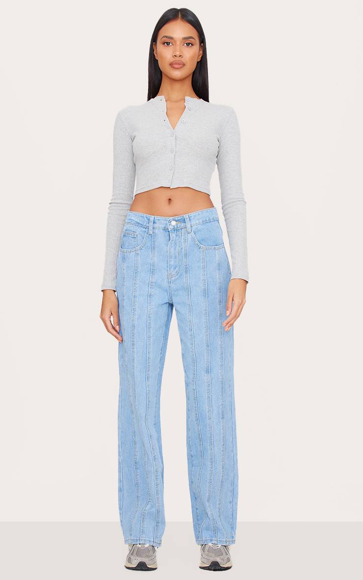 Light Blue Wash Jean Droit À Détails De Coutures
