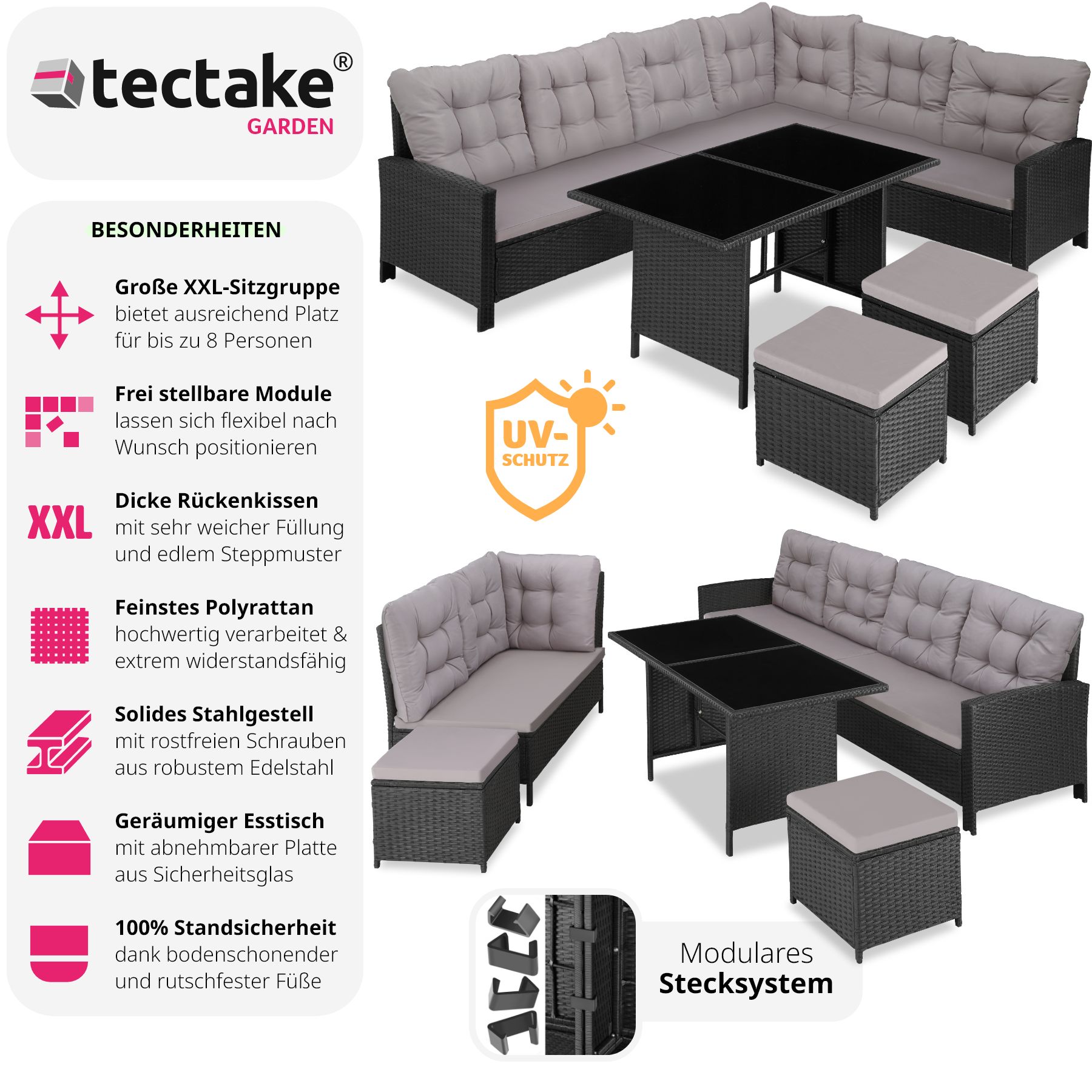 tectake® Rattan Lounge, für 6 bis 8 Personen, UV-beständig, mit Sicherheitsglasplatten