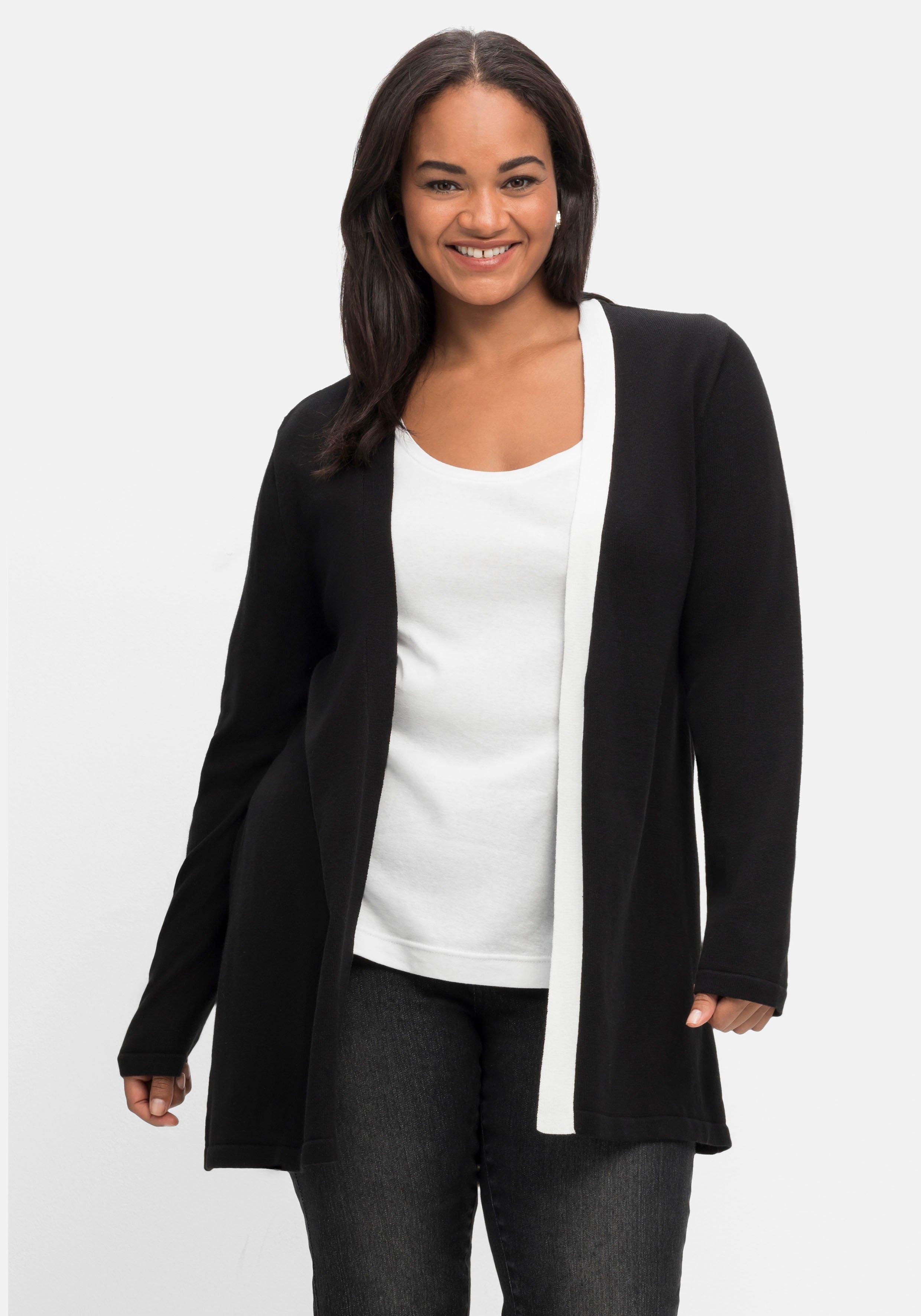 Longstrickjacke mit Kontrastblende, offene Form
