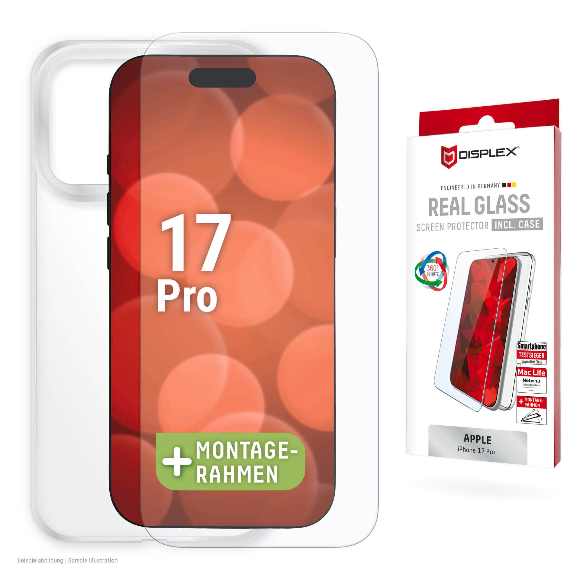 Displex Displayschutzglas »Real Glass Screen Protector inkl. Case« für Apple iPhone 17 Pro Displayschutzfolie, Schutzfolie, Bildschirmschutz, kratz- & stossfest