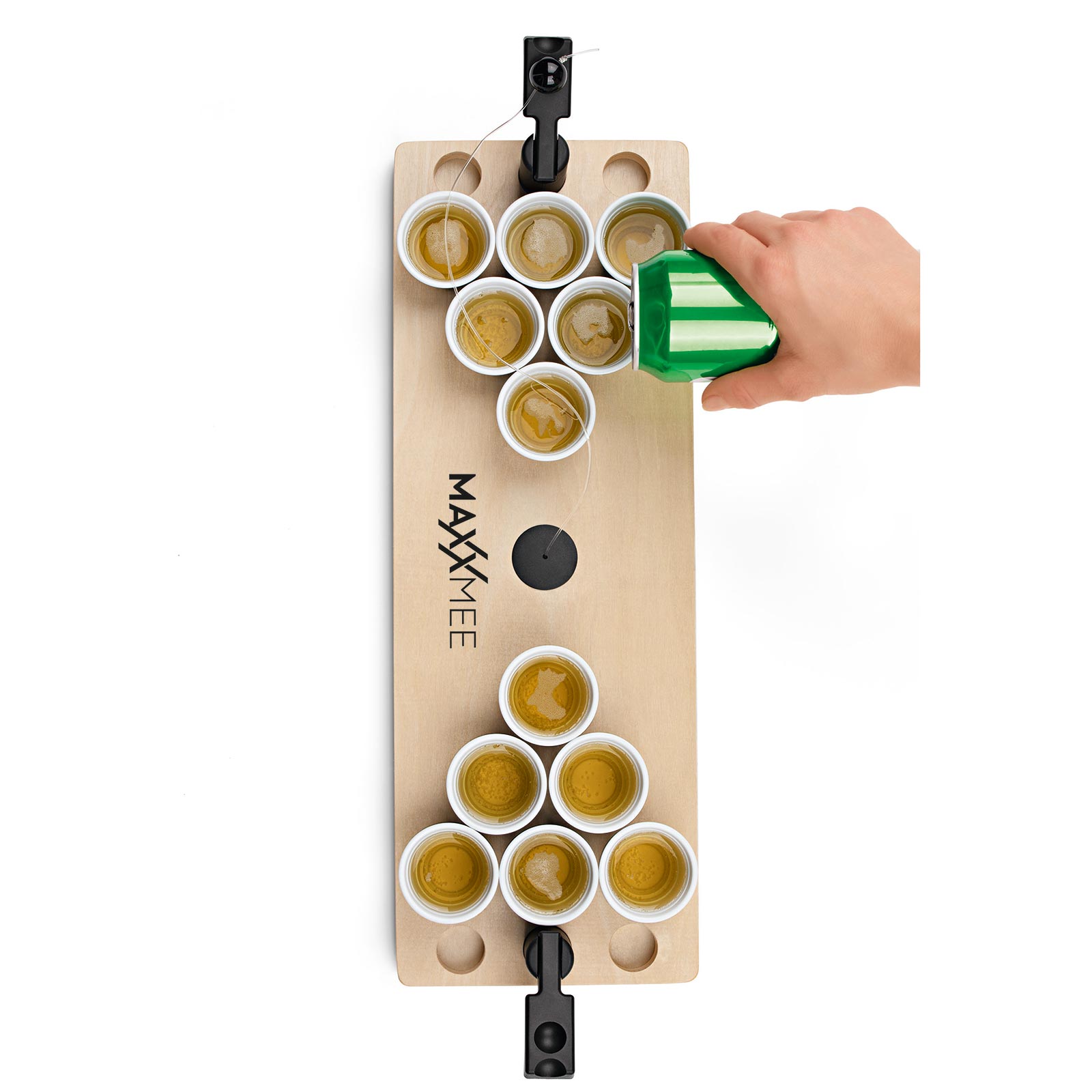MAXXMEE Tischspiel Bier Pong - holzfarben-schwarz - Holzbrett - Ball mit Seil - 24 Trinkbecher