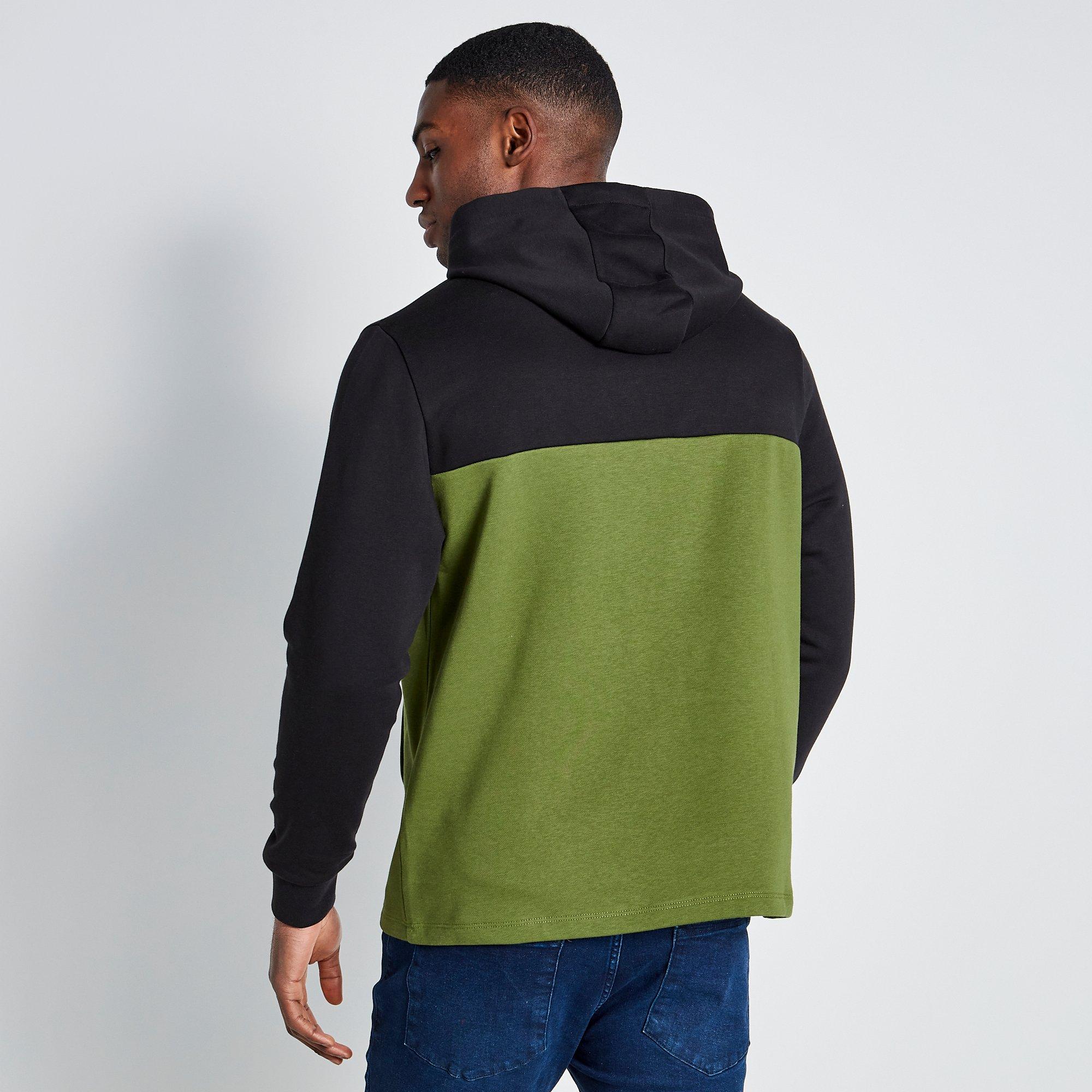 11 Degrees 11D Cut and Sew Panelled Hoodie Black  Darkest Spruce Green