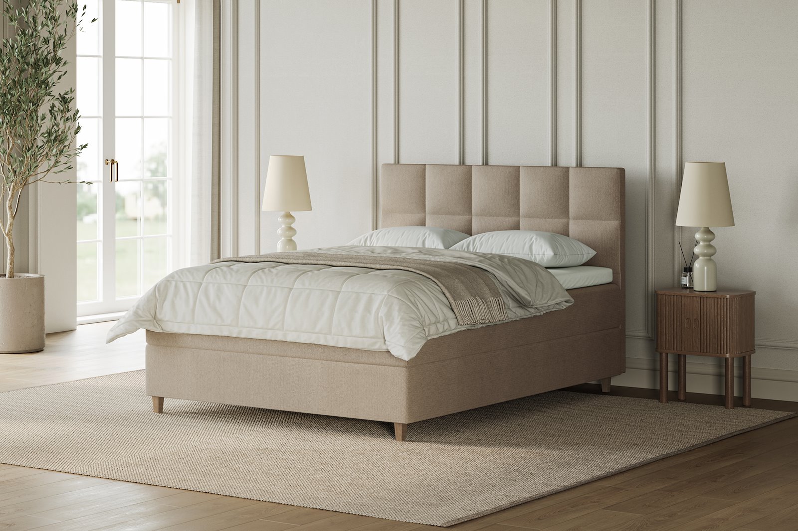 XOV Venus Kontinentalseng 160x200 cm i tekstil storm 06 lys beige, medium/medium med Premium 15 overmadrass og sort firkantede ben, gavl selges separate