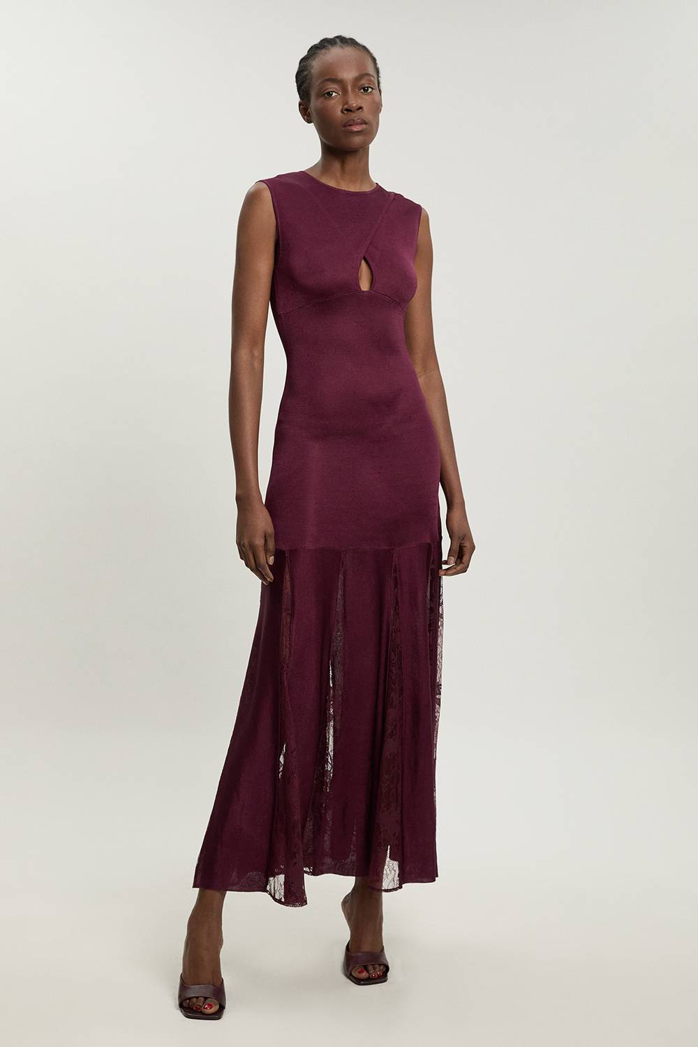 KarenMillen Robe Maxi Tricotée en Mélange de Viscose Moulante Transparente avec Détails en Dentelle