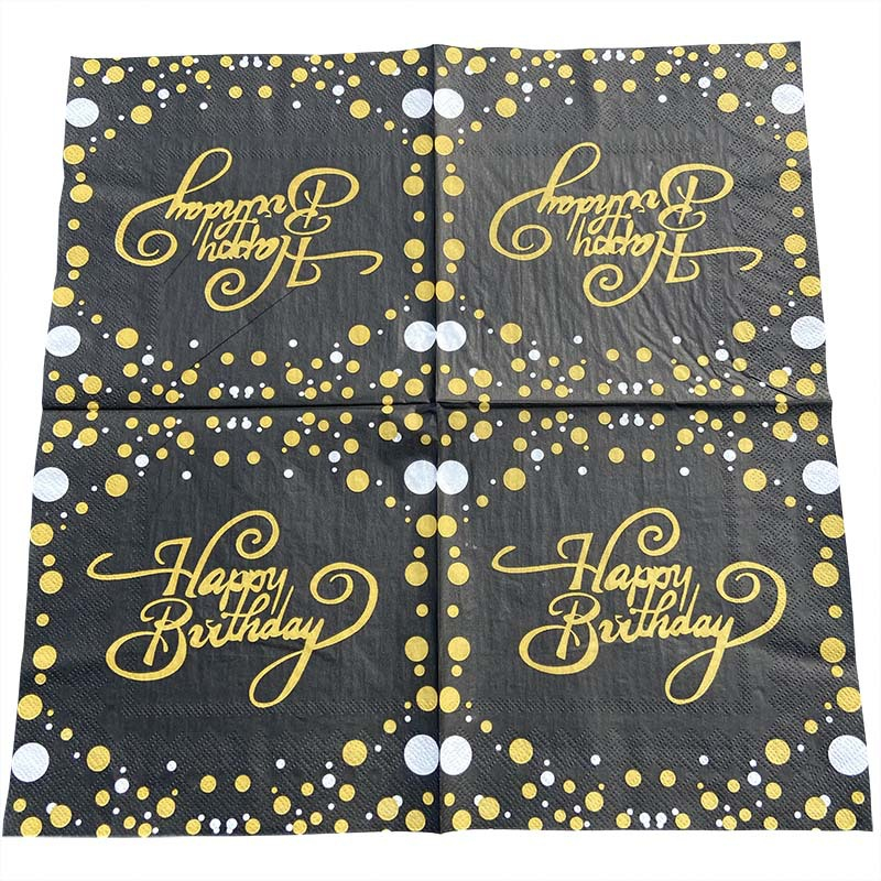 (40er Set) 33x33cm Happy Birthday Einweg Servietten Party Tisch Dekoration - Schwarz / Gold