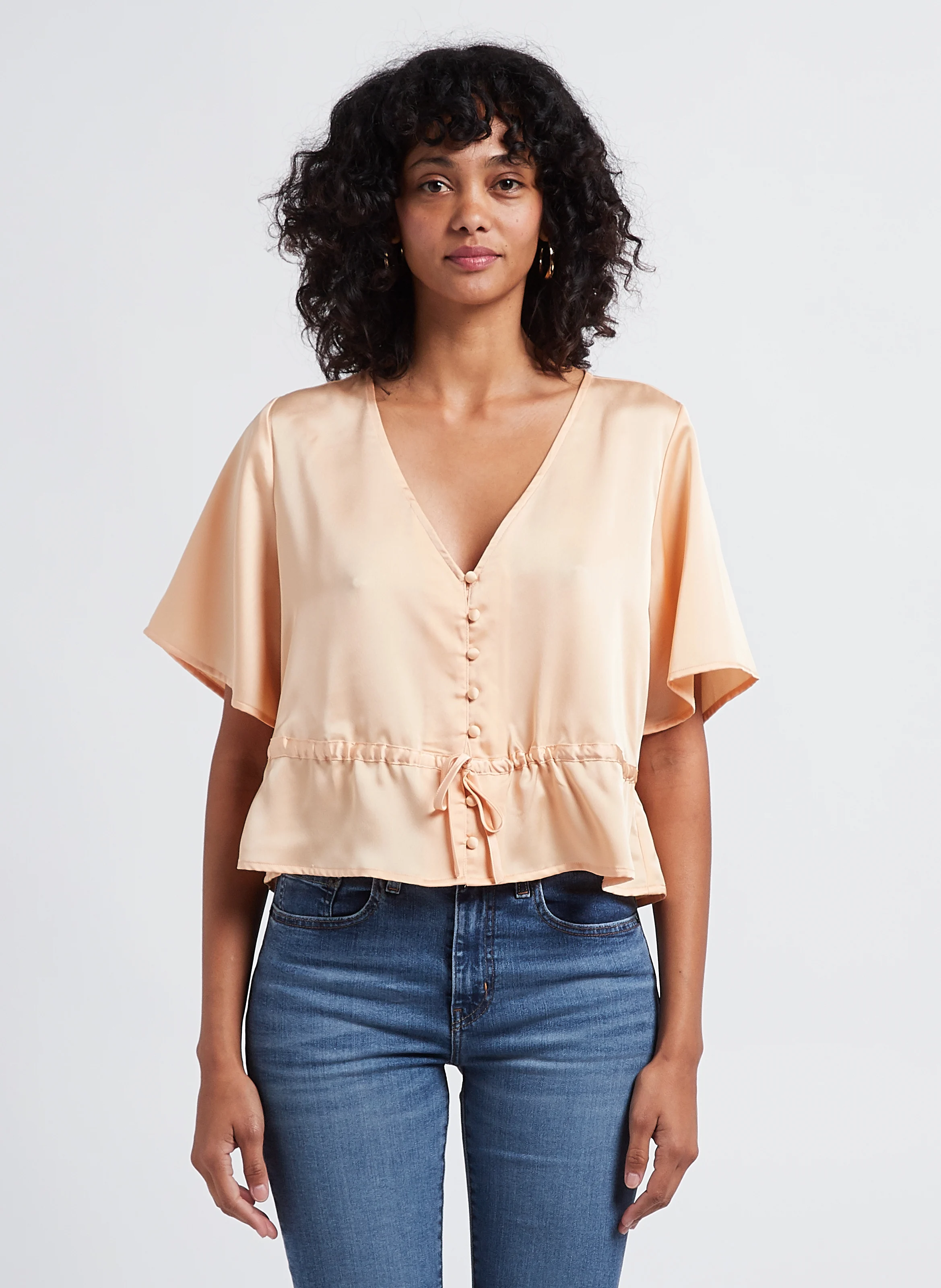 LINDY SS BLOUSE - Blouse fluide col V satinée | Beige