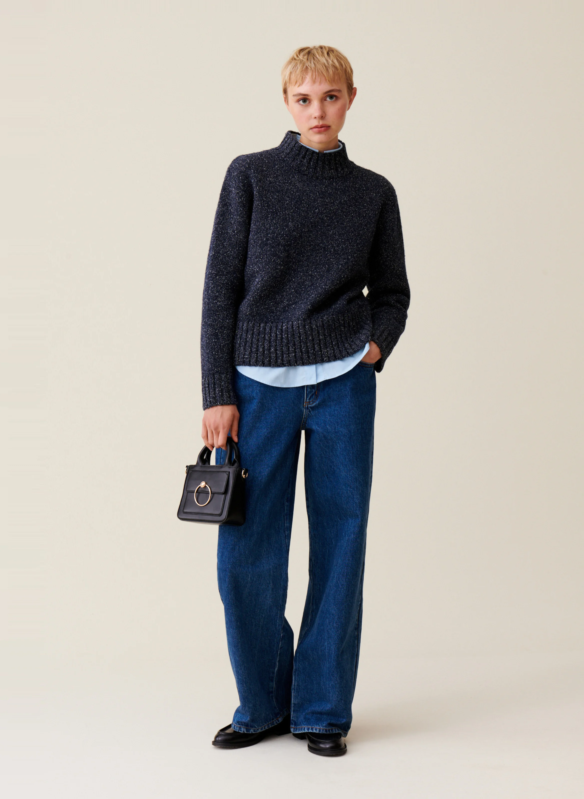Pull col montant en laine et en soie mélangés | Bleu