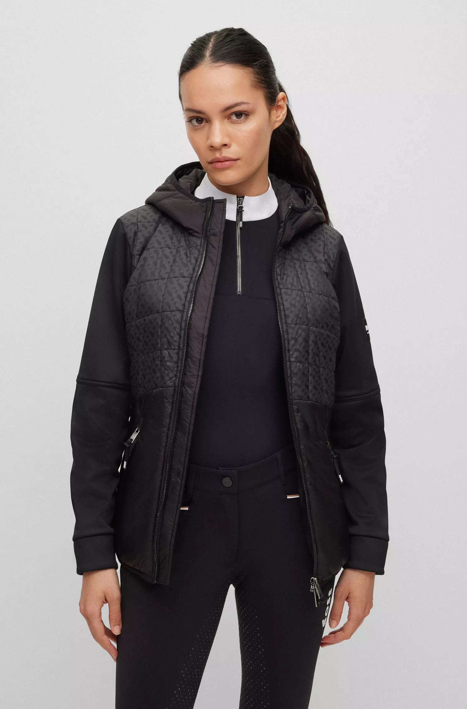 Jaqueta softshell acolchoada BOSS Black-Equestrian com detalhes exclusivos.