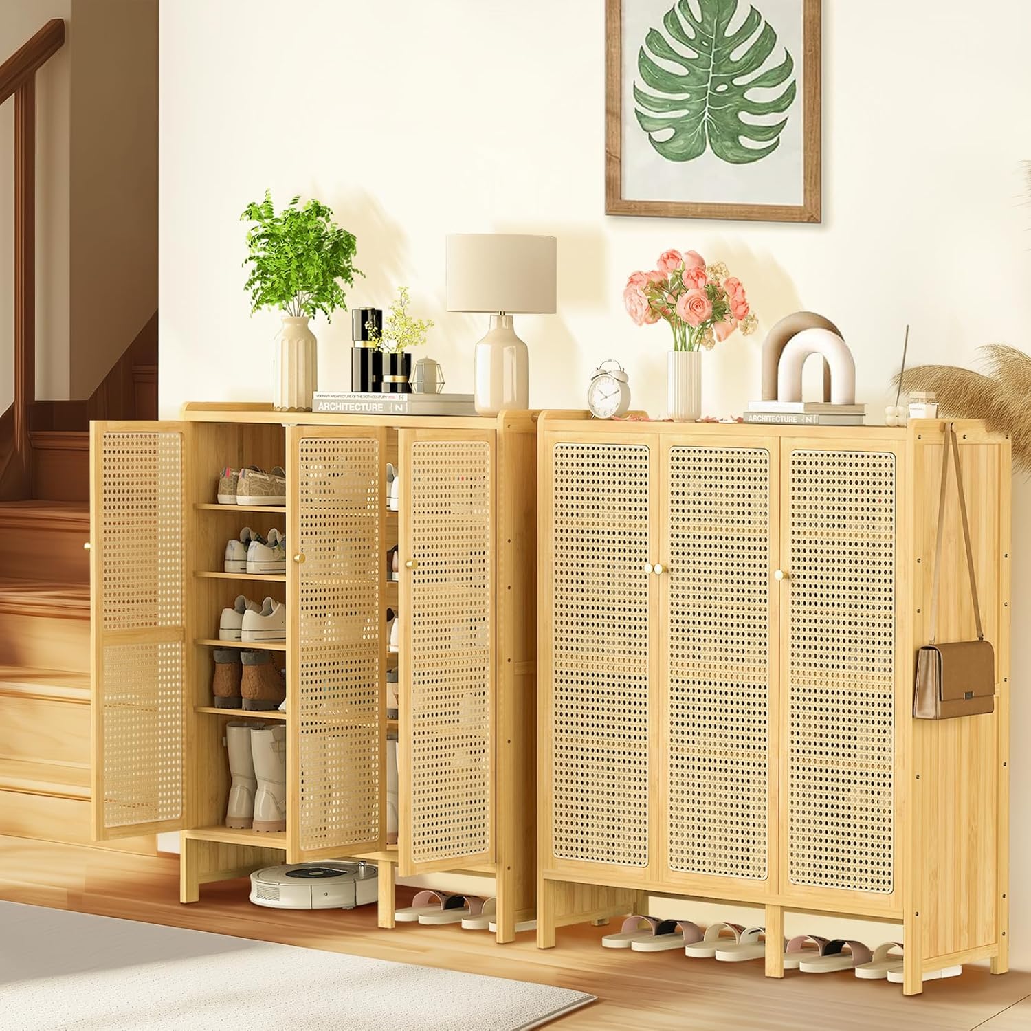 unho Meuble Chaussure d'Entrée en Bambou: Rangement Chaussure avec 5 Étagères Armoire à Chaussures avec 4 Crochets Design - 90.5 × 35 × 107 cm AK3268739