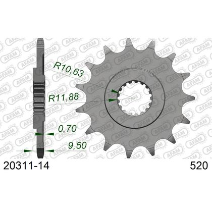 Pignon de sortie de boite AFAM ACIER 520 - 14 DENTS - Gris
