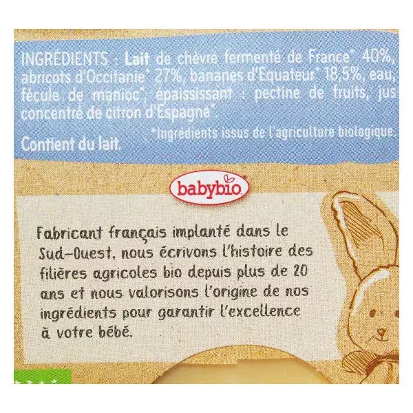 Sobremesas lácteas Babybio, potinho de leite de cabra mexido, damasco e banana, +6 meses, orgânico, 2 x 130g