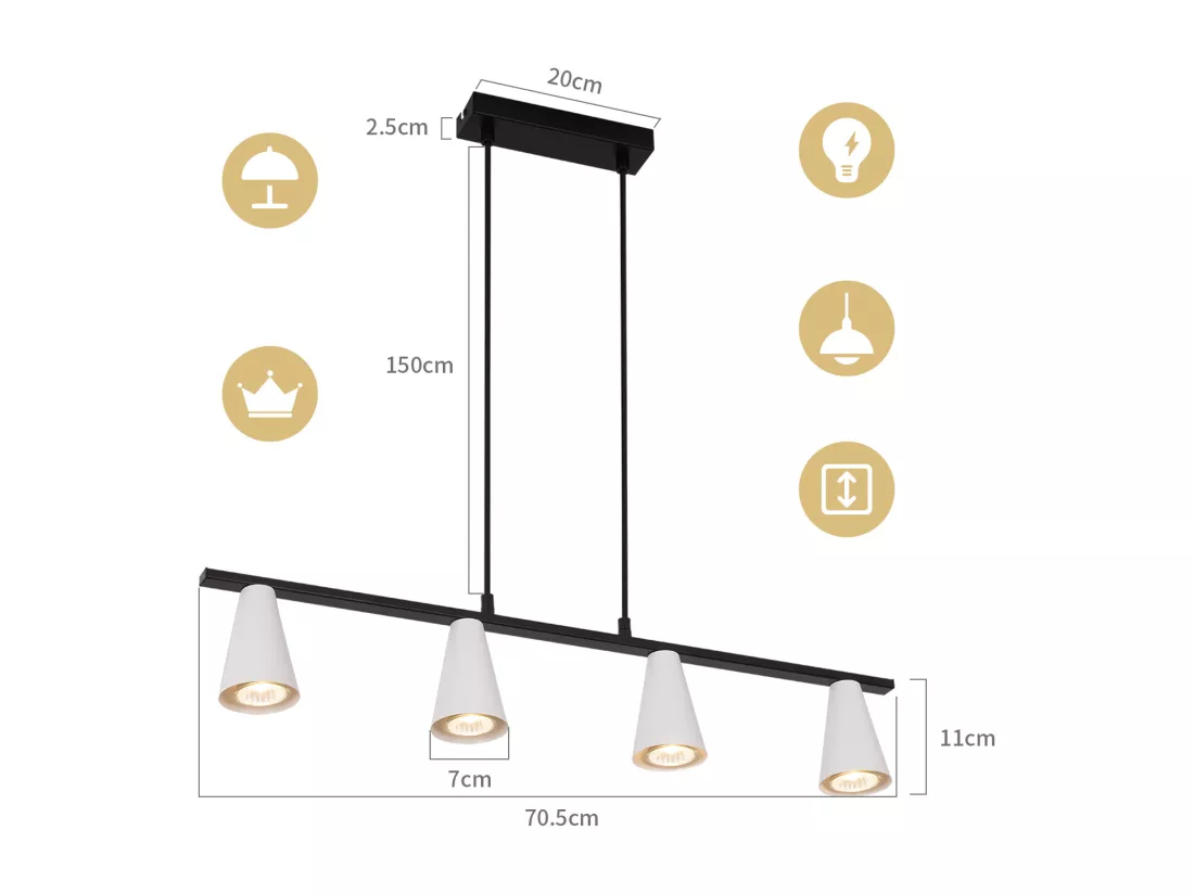 NETTLIFE Lampe suspendue table à manger lampe de table à manger 4 ampoules en métal blanc GU10 noir industriel sans ampoule