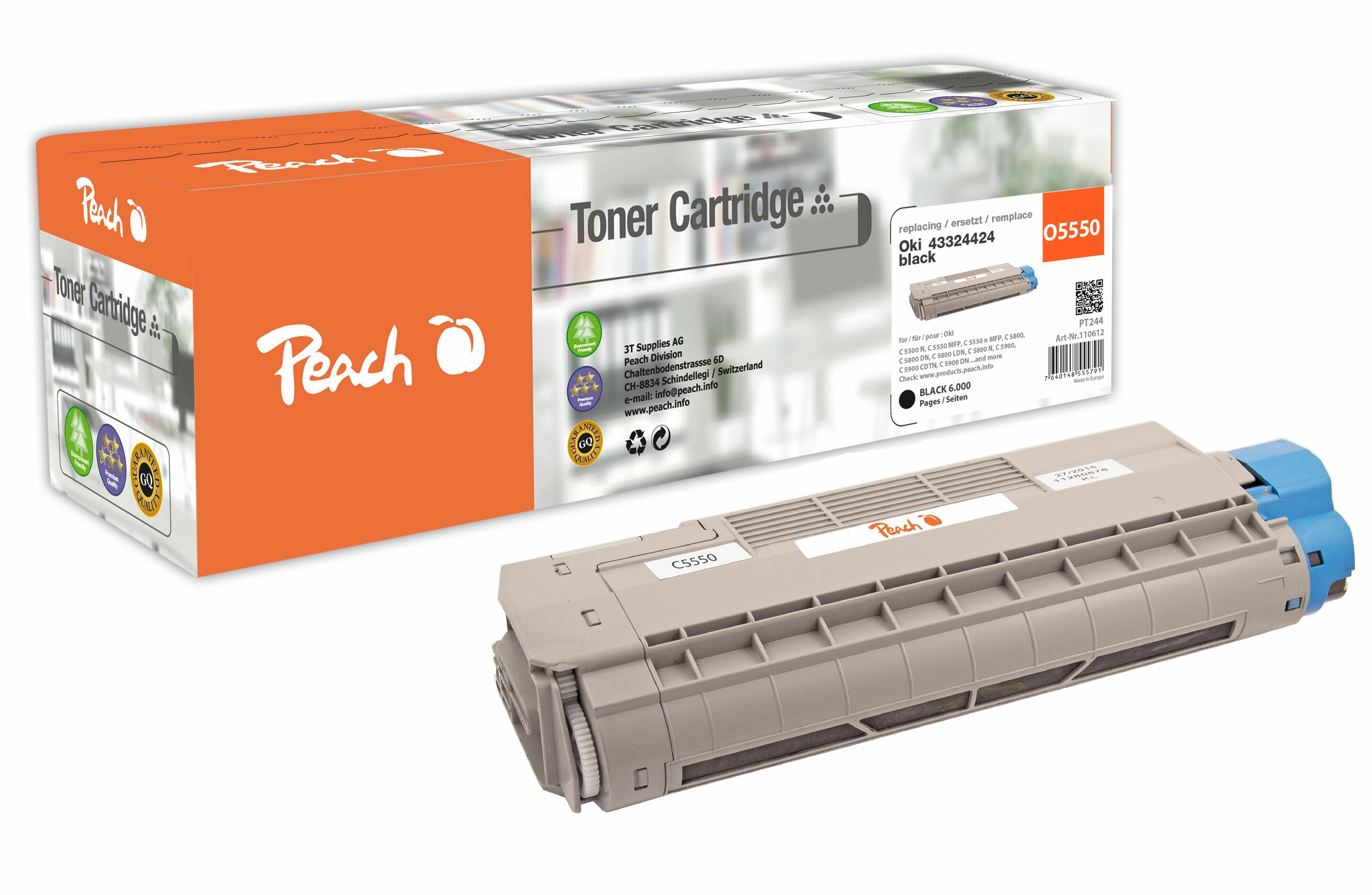 Peach O4332/36/38 Toner bk ersetzt OKI 43324424 für z.B. OKI C 5500 N, OKI C 5550 MFP, OKI C 5550 n MFP, OKI C 5800, OKI C 5800 DN, OKI C 5800 N (wiederaufbereitet)