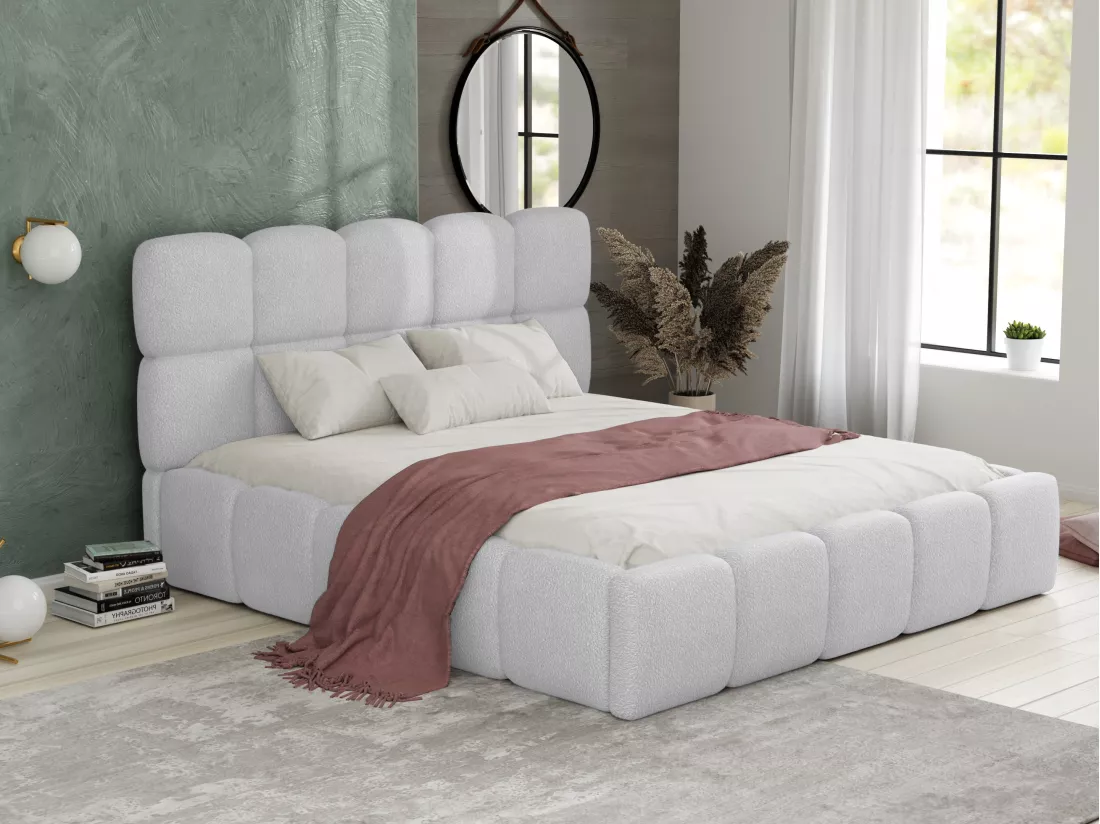 Lit coffre 200 x 200 cm - Tissu bouclette - Gris clair - DAMADO de Pascal Morabito
