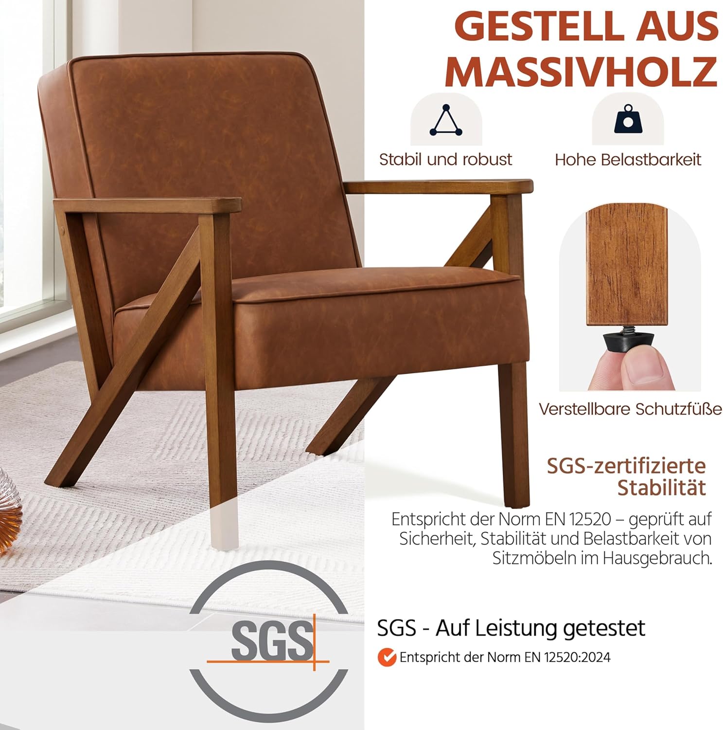 Yaheetech Loungesessel Sessel Vintage Relaxsessel Kunstleder mit Massivholzbeinen Einzelsofa für Wohnzimmer/Schlafzimmer/Empfangsbereich Hellbraun