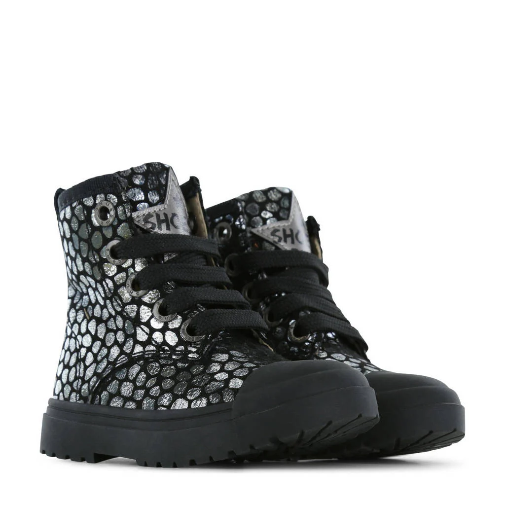 Shoesme leren veterboots zwart/zilver