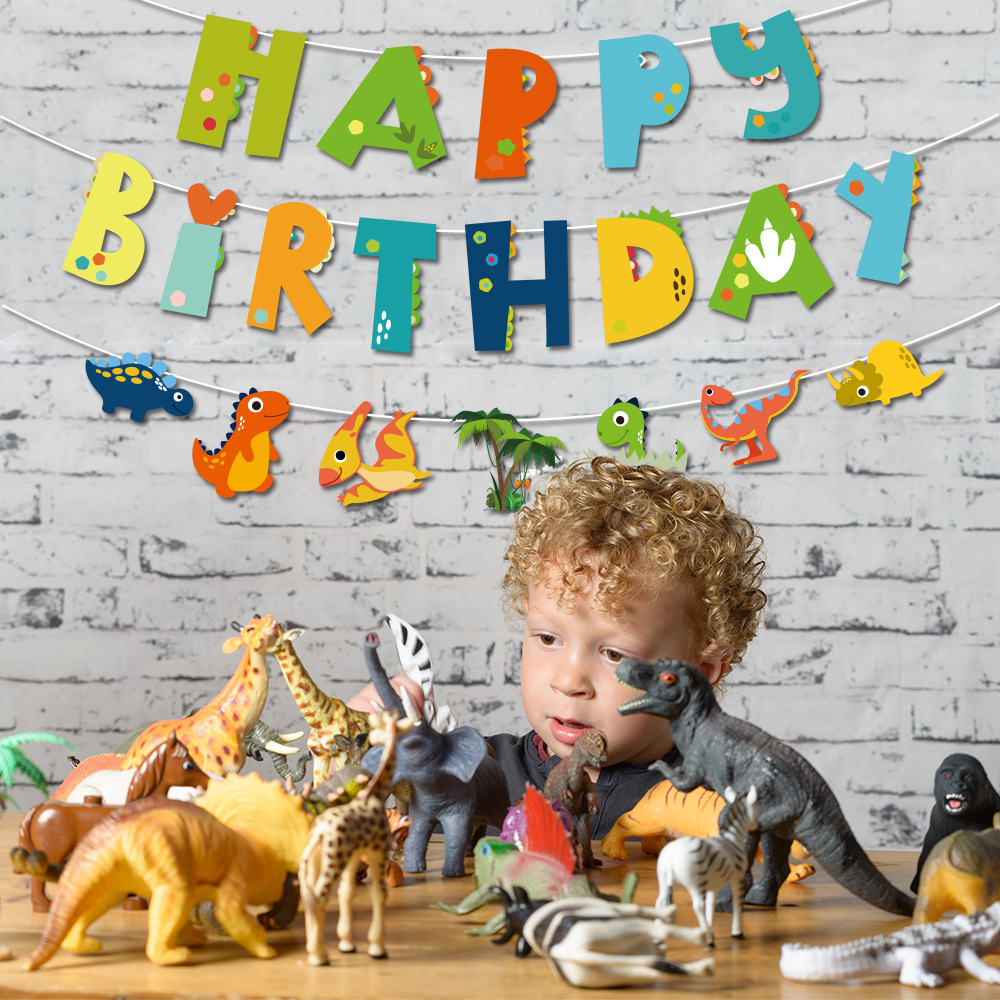 (15-tlg. Set) Happy Birthday Girlande Kinder Geburtstags Party Deko Folienballon / Palmenblätter / Rosetten / Quasten Girlande - Dinosaurier