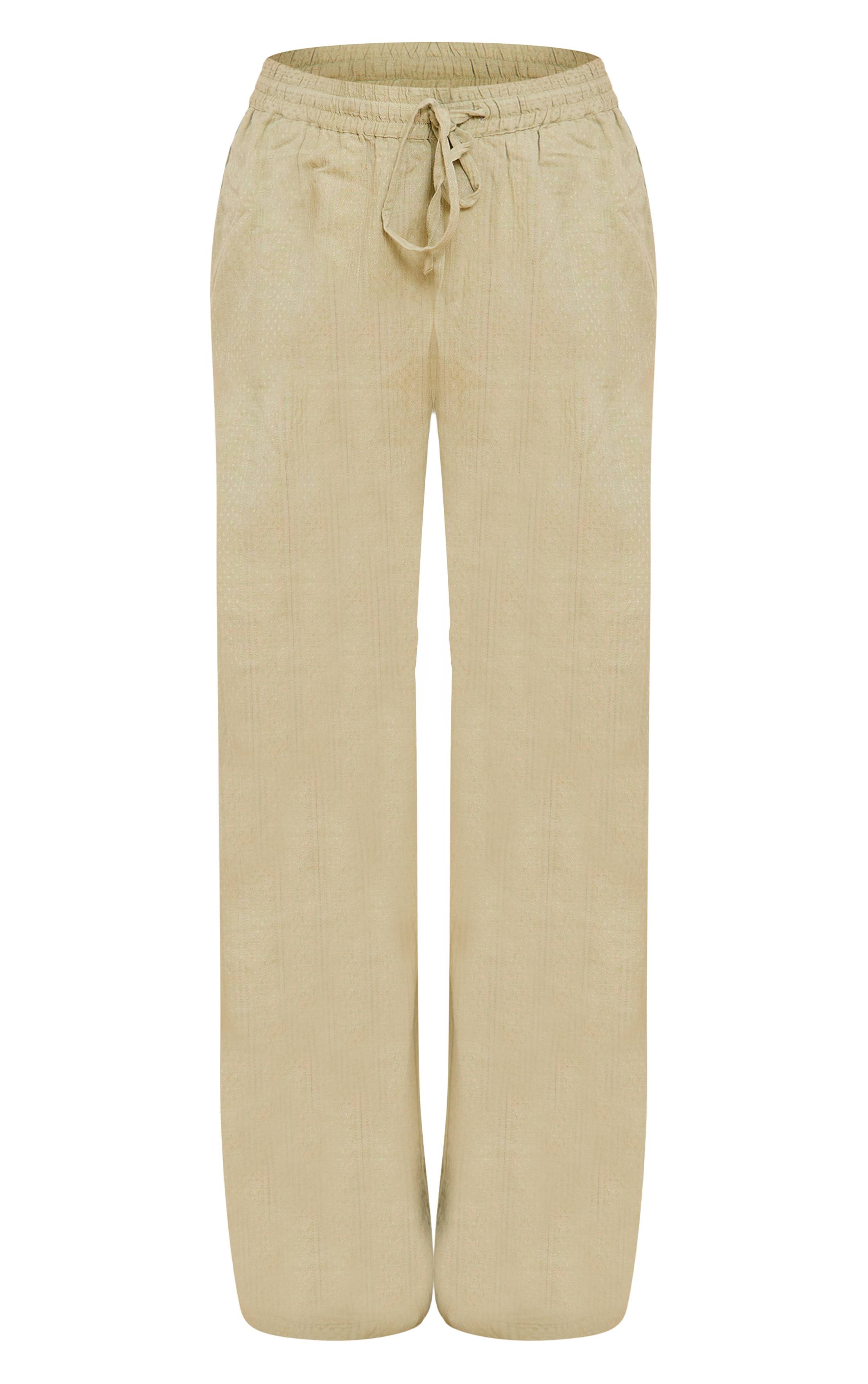 Sage Khaki Pantalon Large Taille Mi-haute Texturé