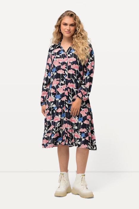Midikleid, Aquarellblumen, Hemdkragen, Langarm