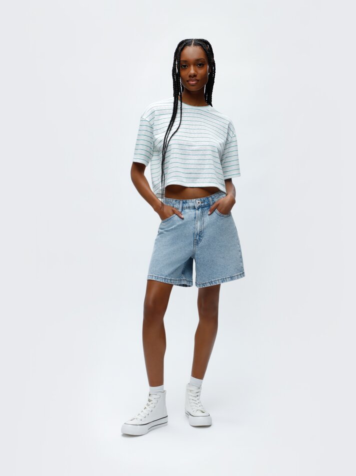 Camiseta cropped com efeito linho - Verde Piscina
