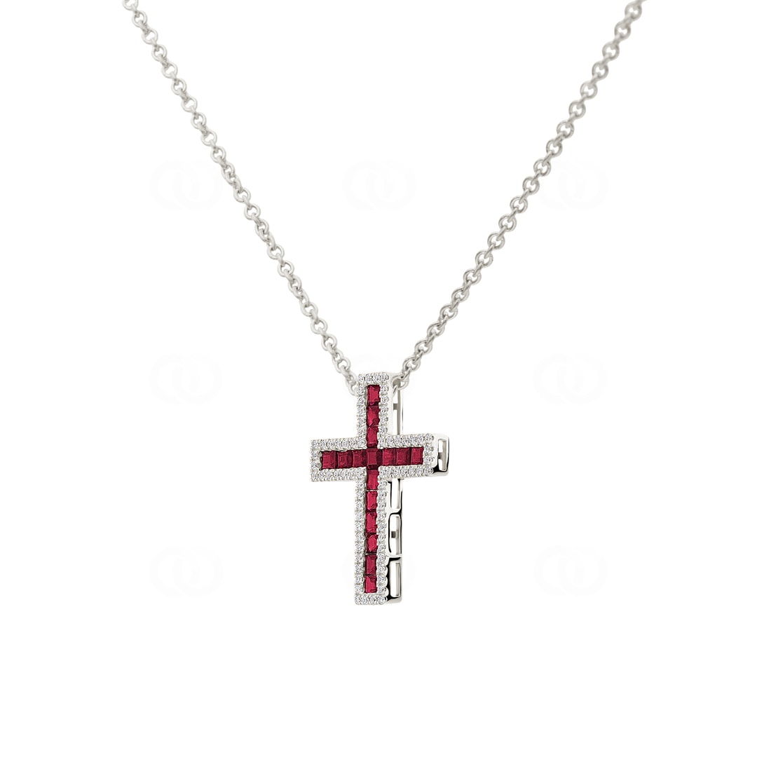 Collier 750/18 K Weissgold Kreuz mit Rubinen & Diamanten 0.23 ct H/si