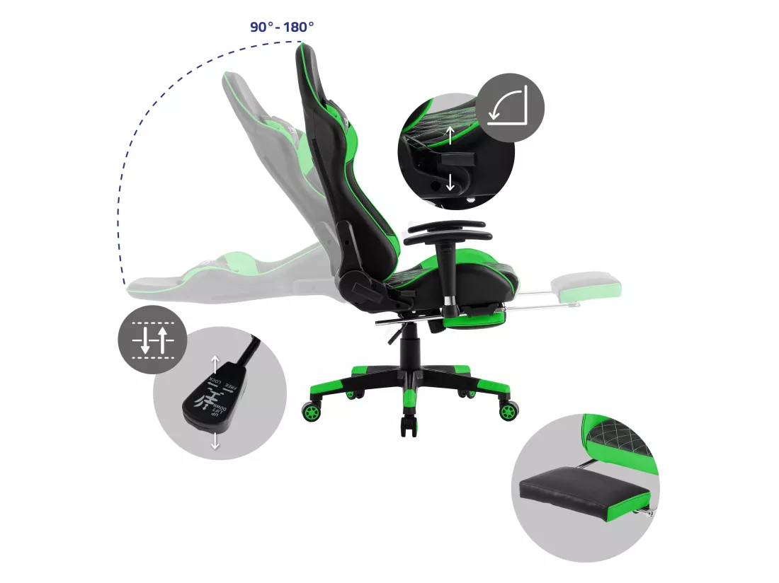 Chaise de jeu avec repose-pieds extensible 2D Accoudoirs Noir/Vert en similicuir ML-Design