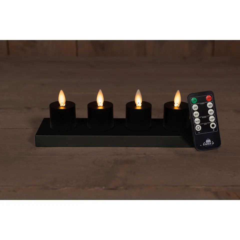 Anna's Collection Oplaadbare LED theelichtjes - 4x - zwart -H6 cm