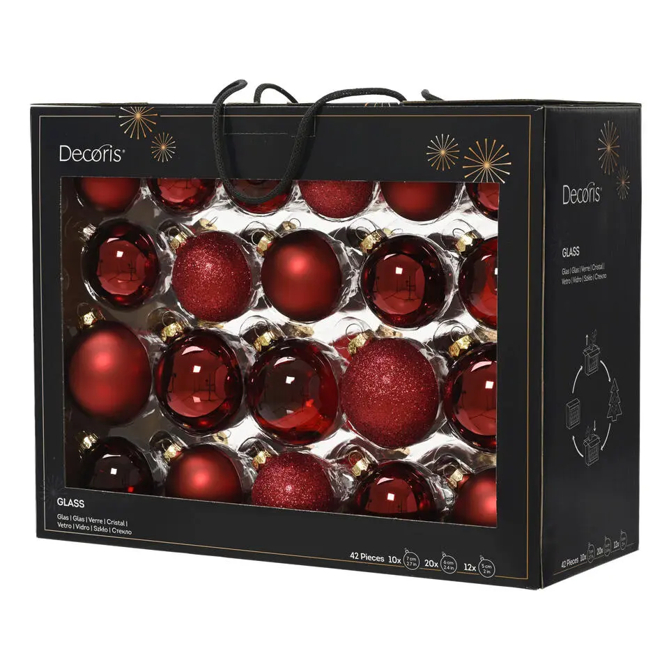 Decoris kerstballen - 42x - donkerrood - glas - 5-6-7 cm