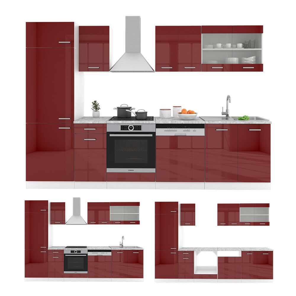 VICCO KÜCHE R-LINE 300CM KÜCHENZEILE KÜCHENBLOCK EINBAU ROT BORDEAUX HOCHGLANZ
