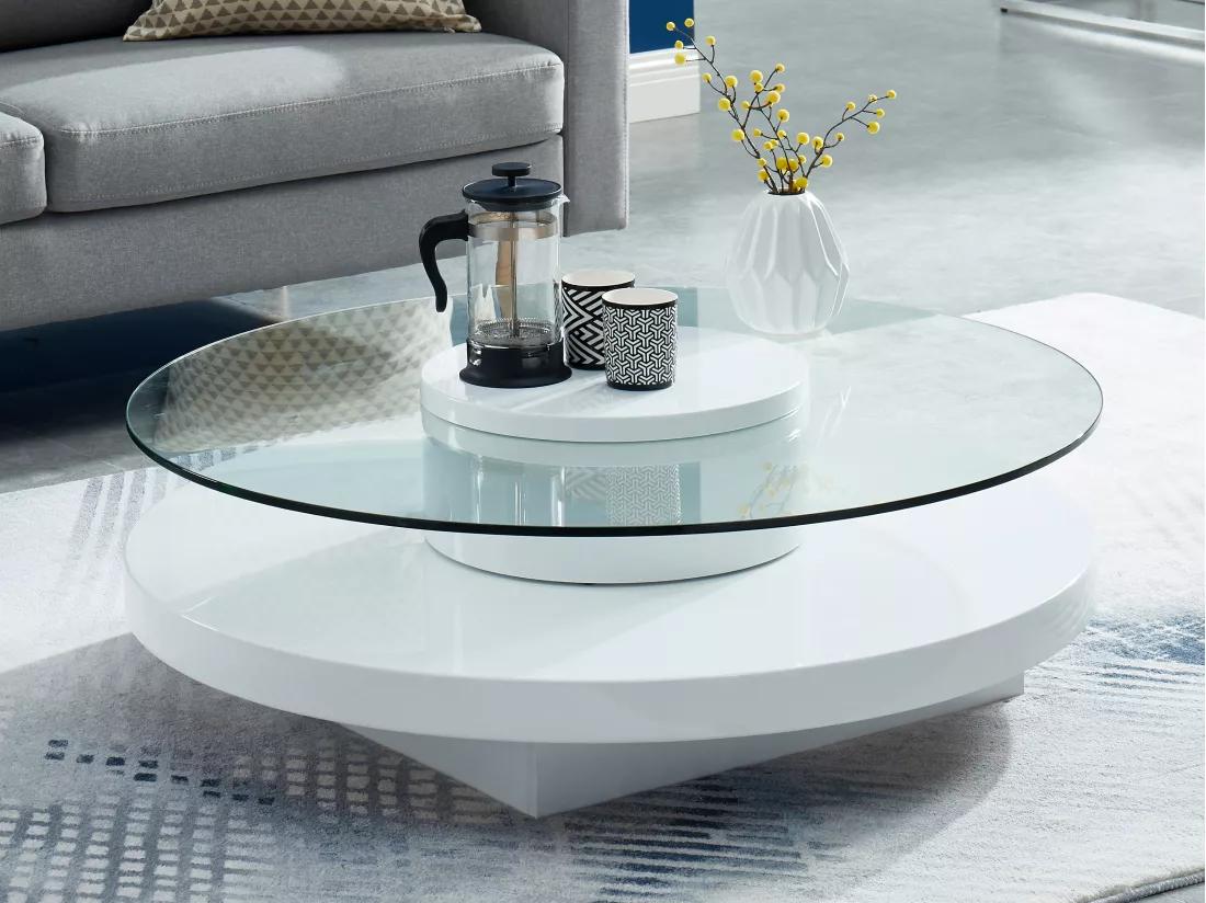 Table basse RYHALI - Plateau pivotant - Verre trempé & MDF blanc